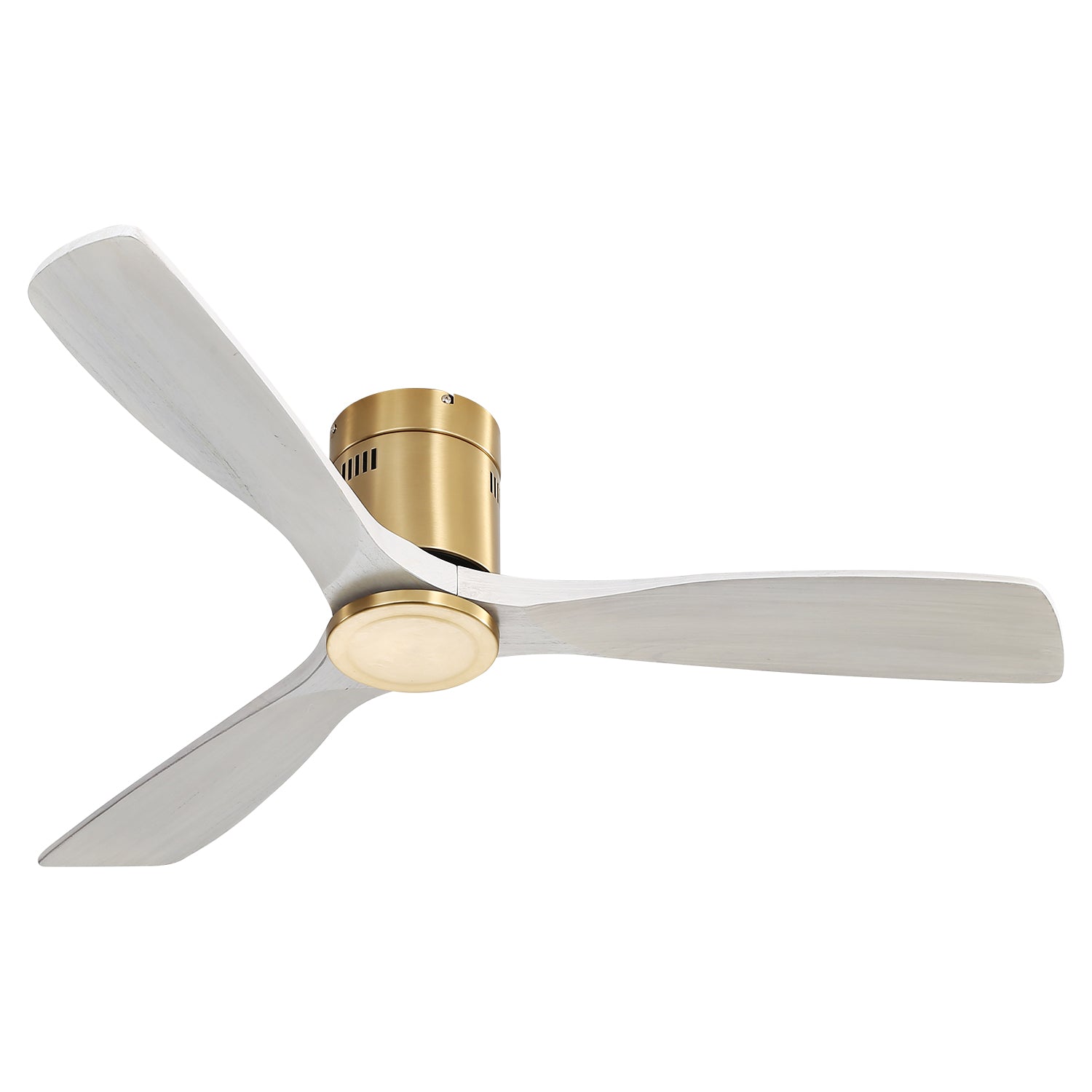Modern white wood blade ceiling fan with brushed gold motor housing