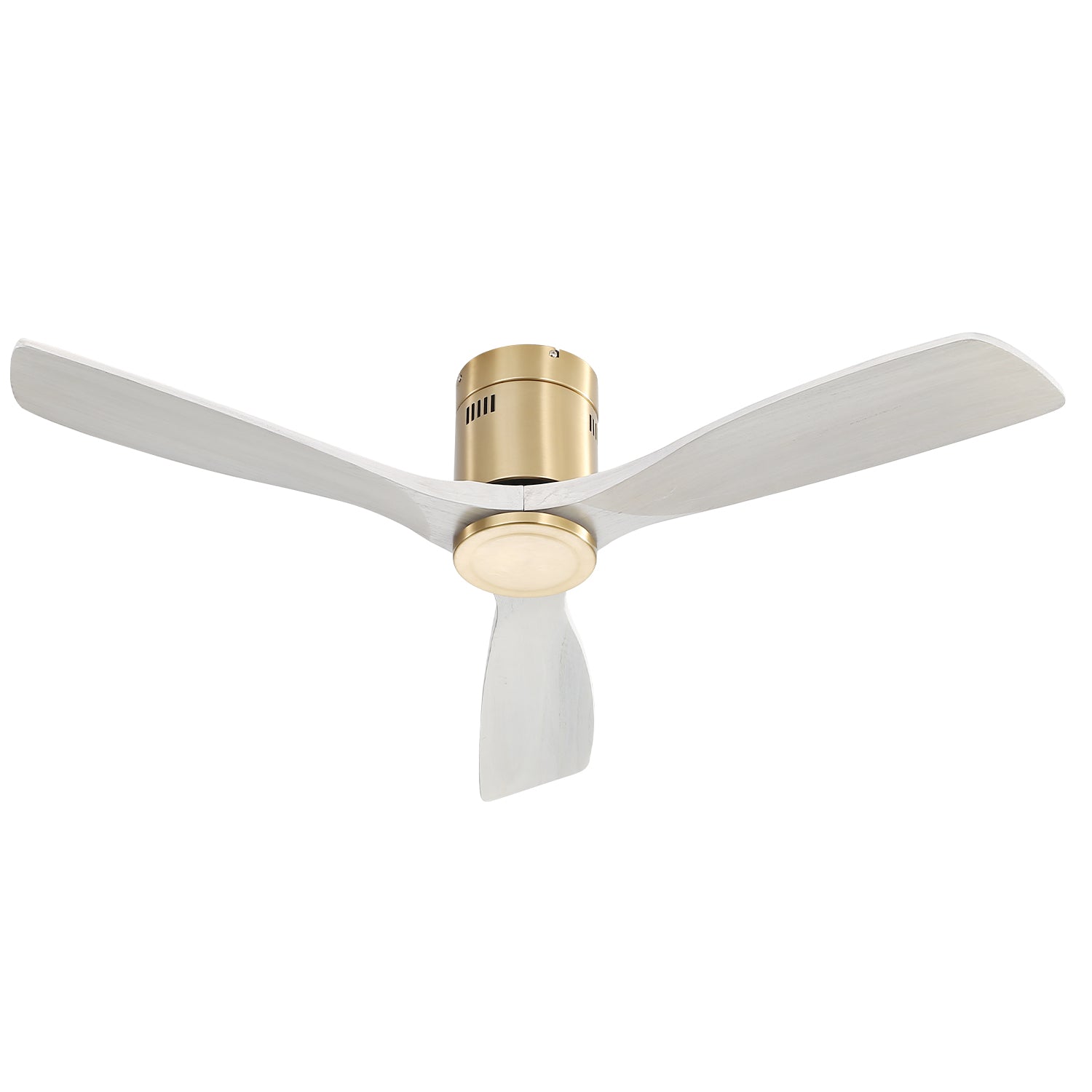 Modern threeblade ceiling fan with white woodlook blades and a brushed brass motor