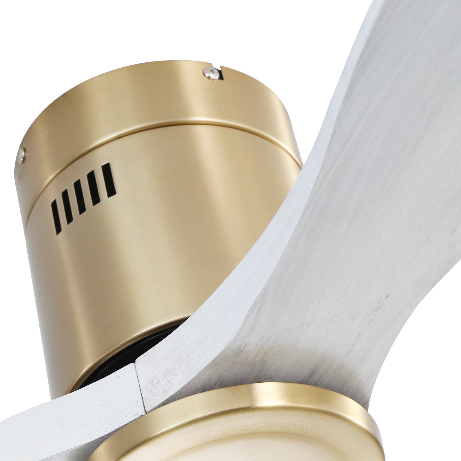 Modern brass ceiling fan motor with weathered white blades closeup view