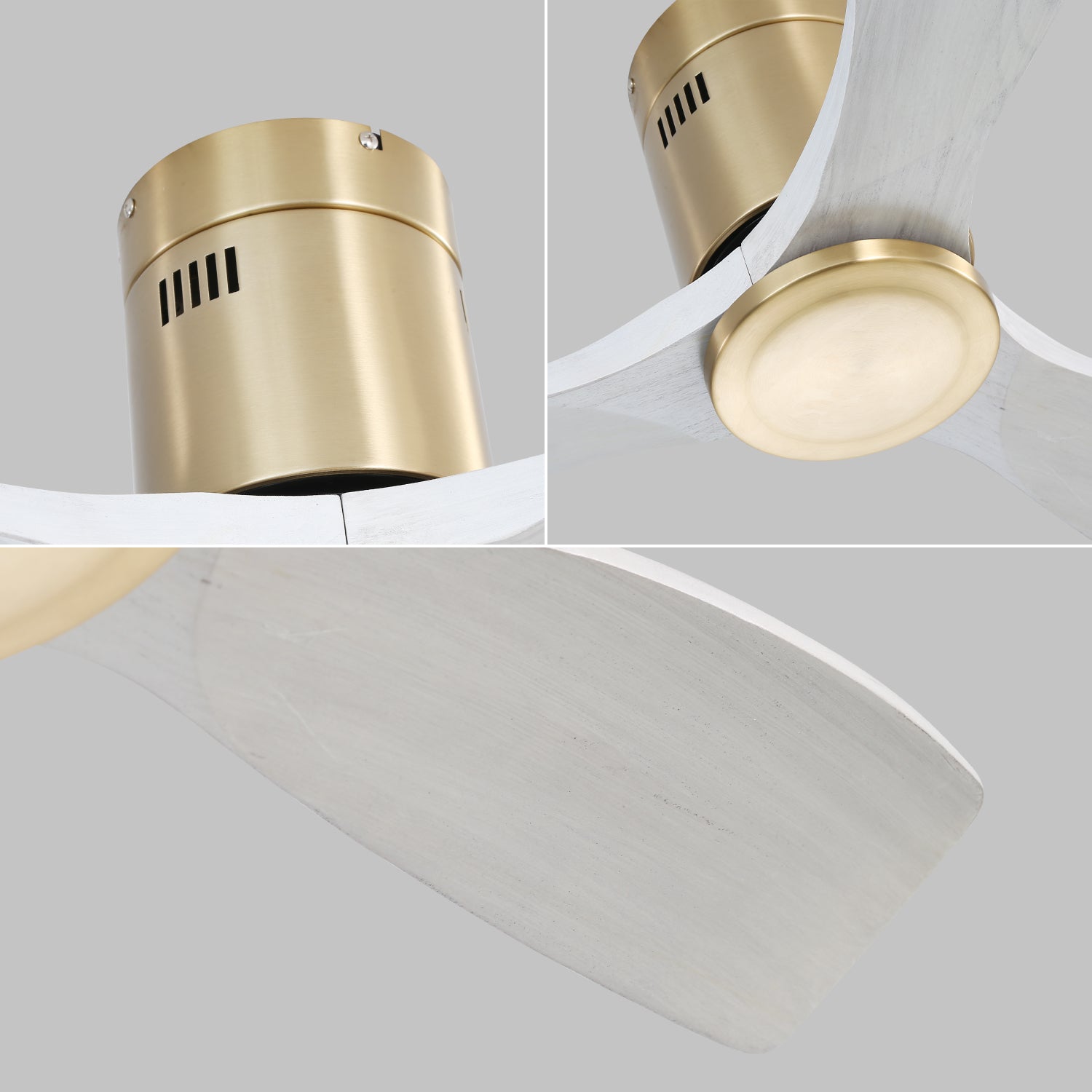 Closeup of brushed brass fan motor housing with integrated vents and a distressed white wooden blade