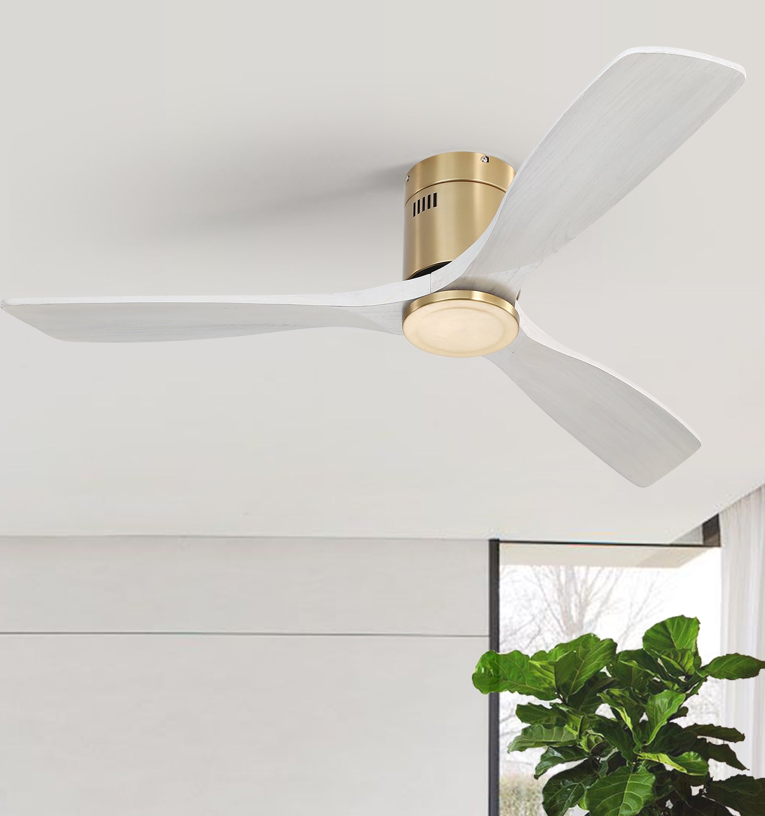 Modern white wood ceiling fan with brushed brass accents and integrated LED light