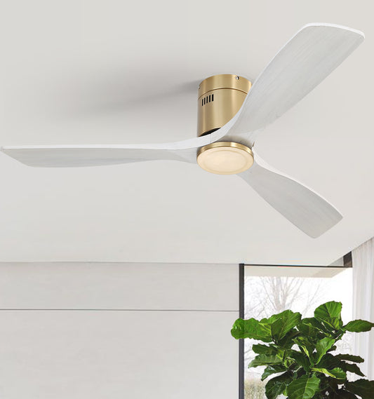 Modern white wood ceiling fan with brushed brass accents and integrated LED light