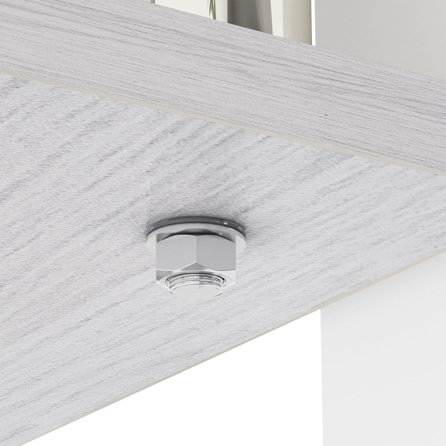 Chrome plated hex bolt and nut securing a light grey wood grain shelf