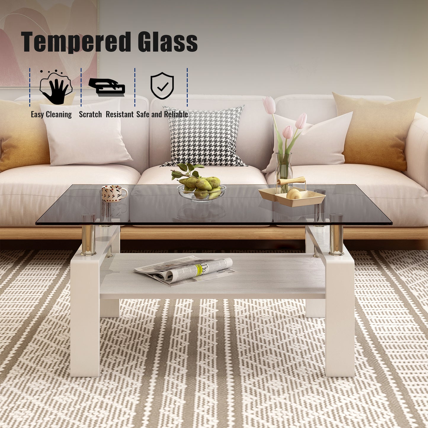 Smoked tempered glass coffee table with white legs and chrome accents