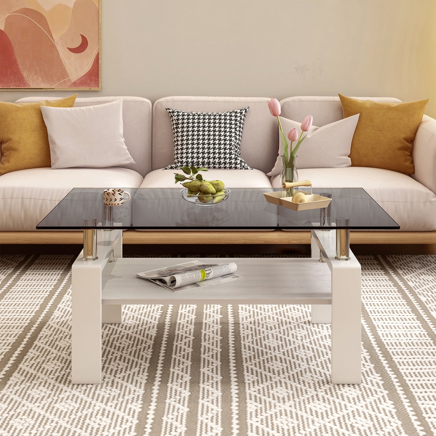 Modern twotier glass coffee table with polished chrome legs and a neutral tone