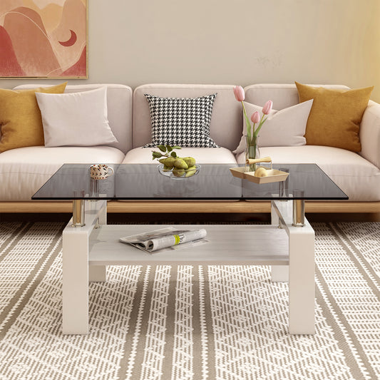 Modern twotier glass coffee table with polished chrome legs and a neutral tone