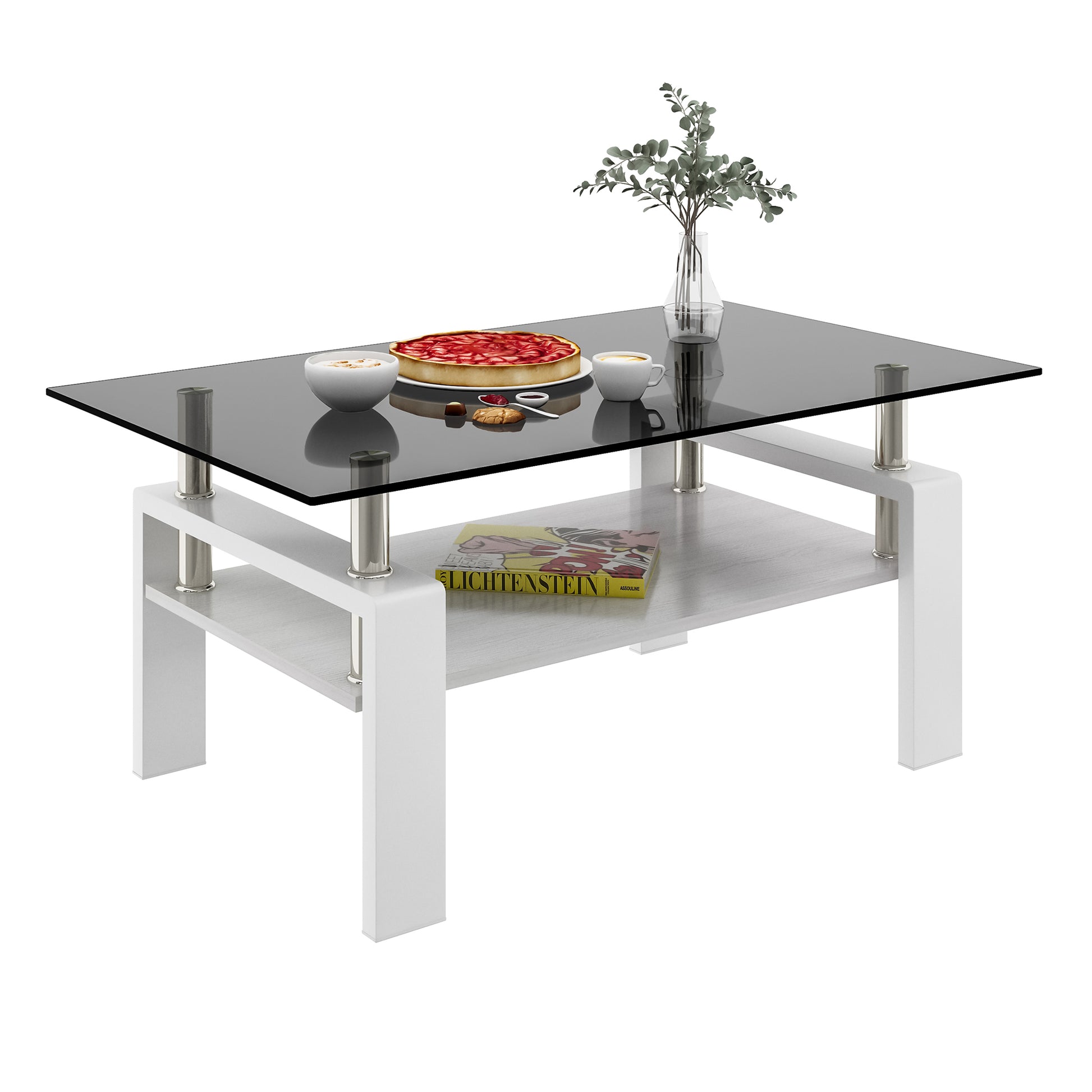 Modern white coffee table with black glass top featuring a lower shelf with a book