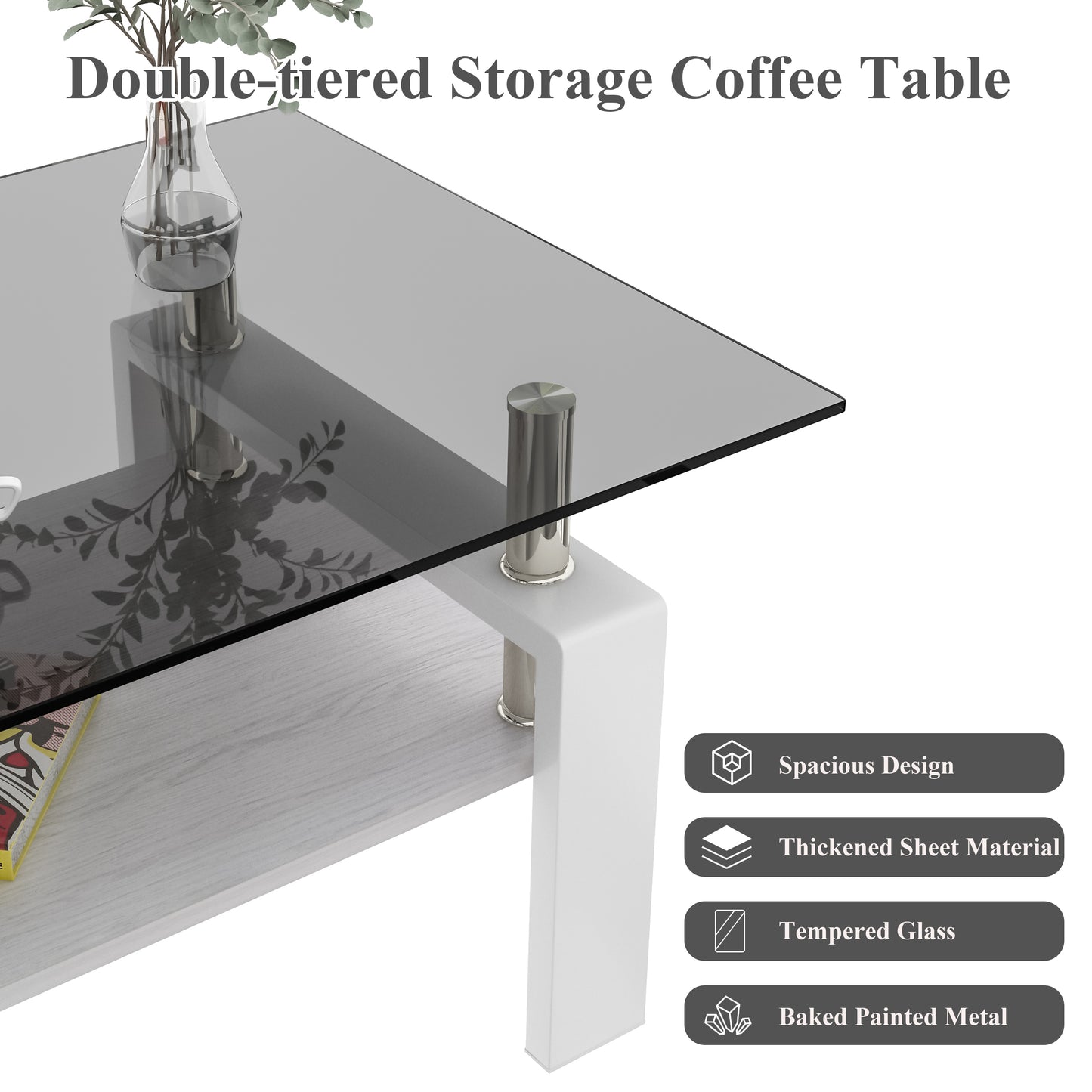 Doubletiered storage coffee table with tempered glass top and wooden shelf