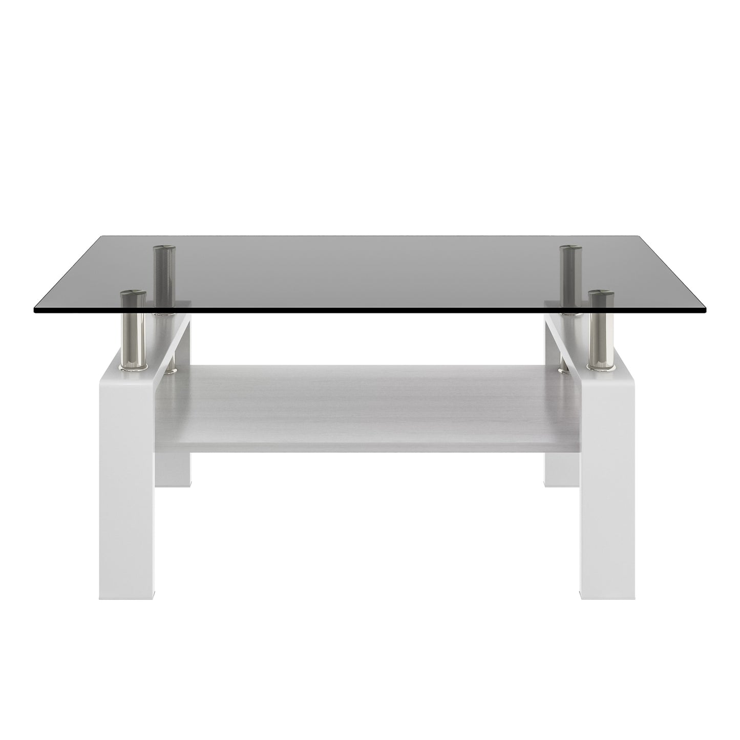 Modern white coffee table with smoked glass top and lower shelf