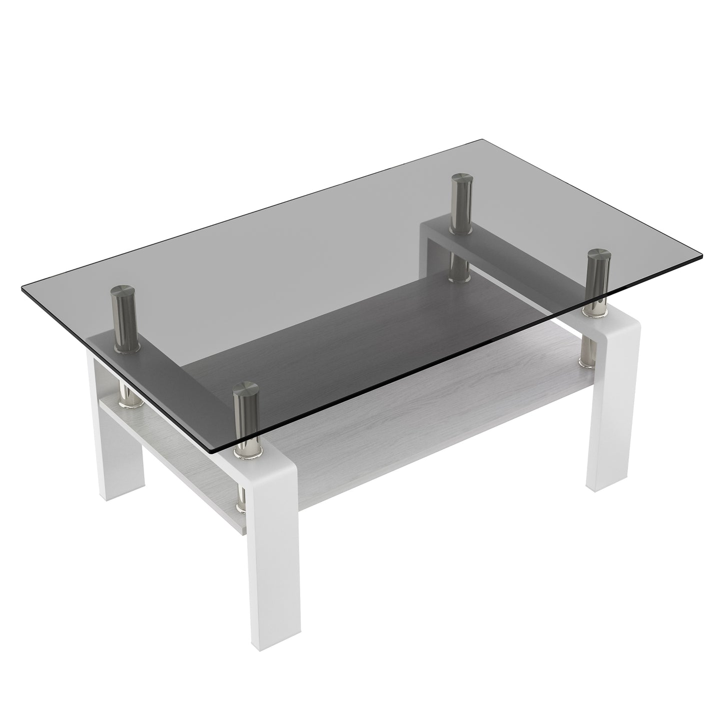 Modern coffee table with clear glass top and white wood base for living rooms