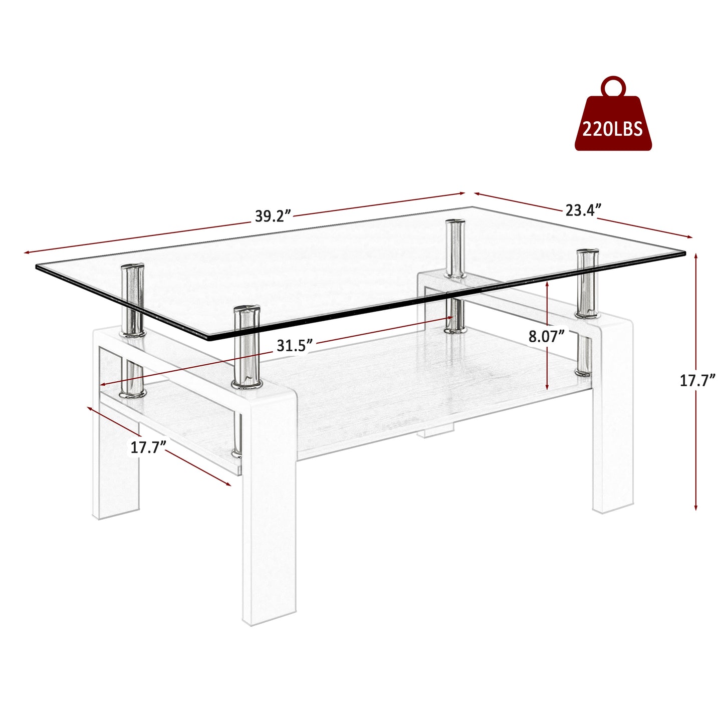 Modern glass coffee table with chrome legs and dualtier shelf for living rooms