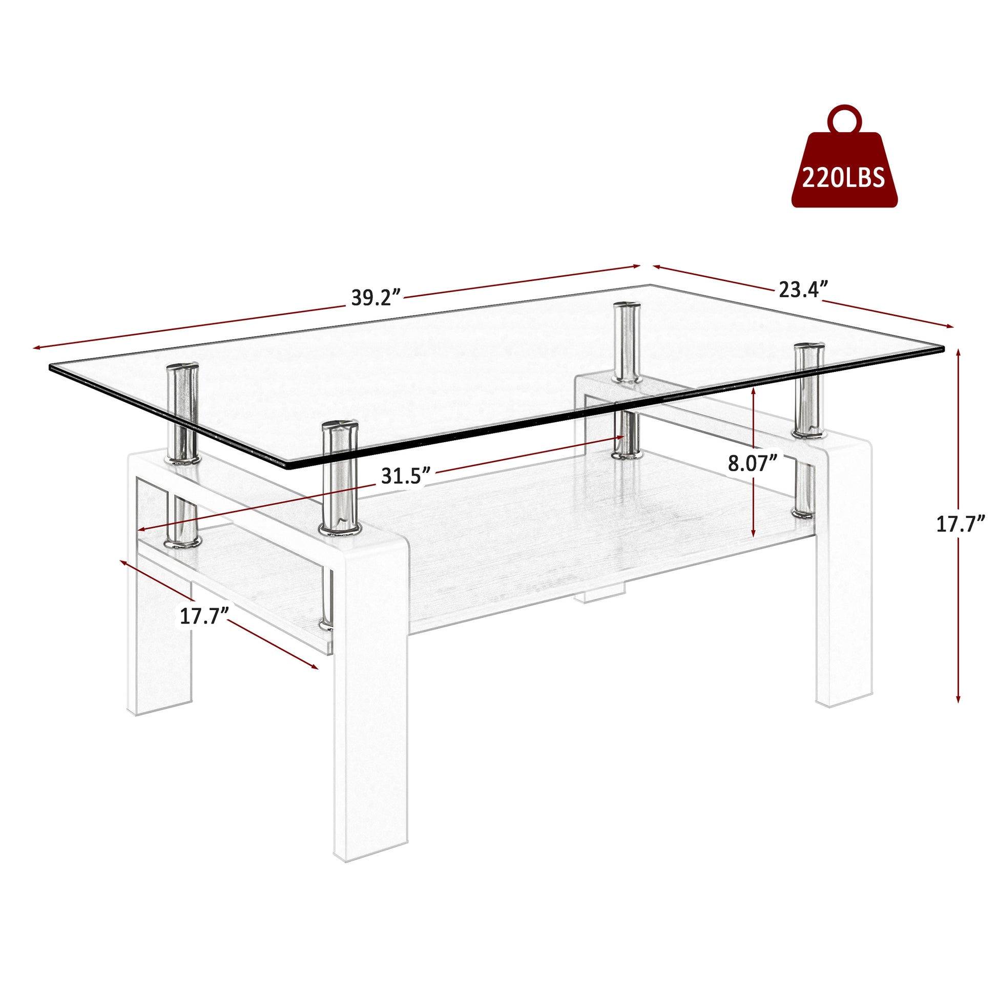 Modern glass coffee table with chrome legs and dualtier shelf for living rooms