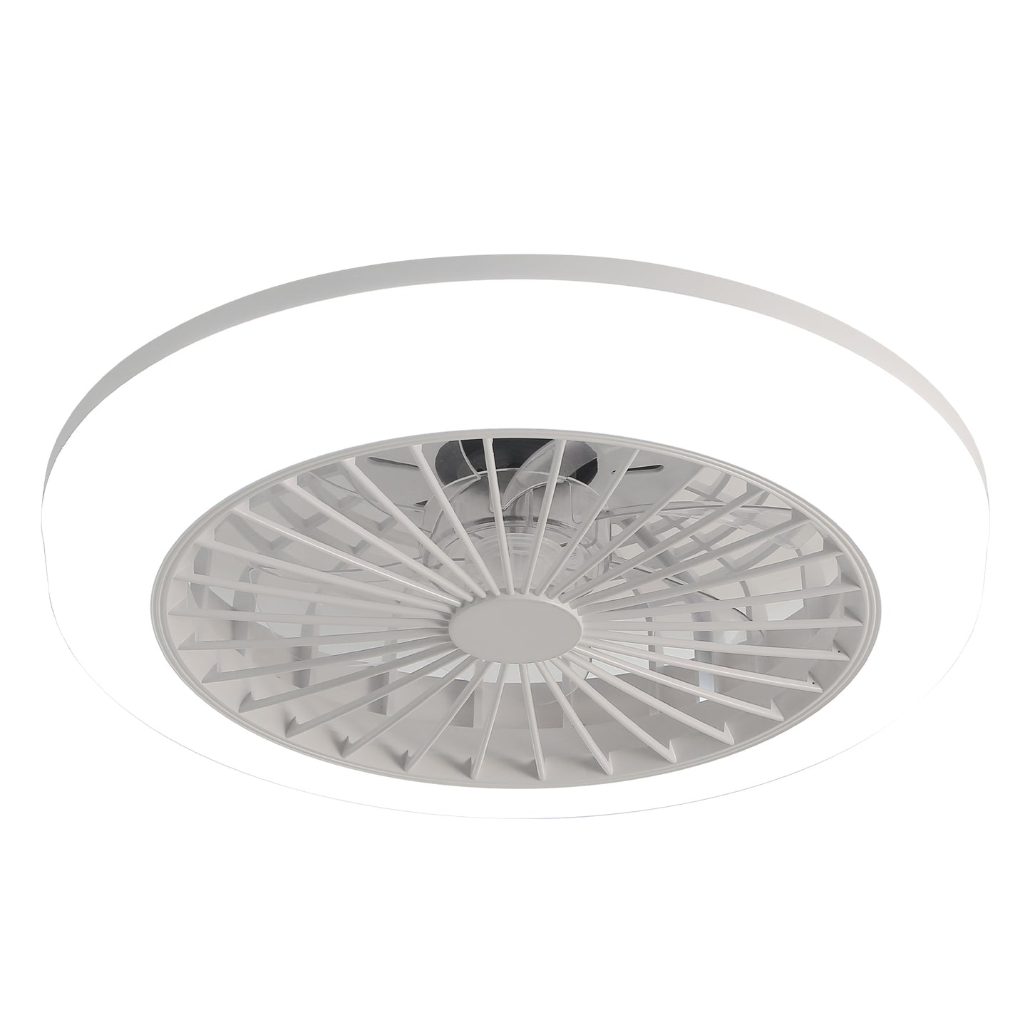 White flush mount ceiling fan with integrated LED light for modern homes