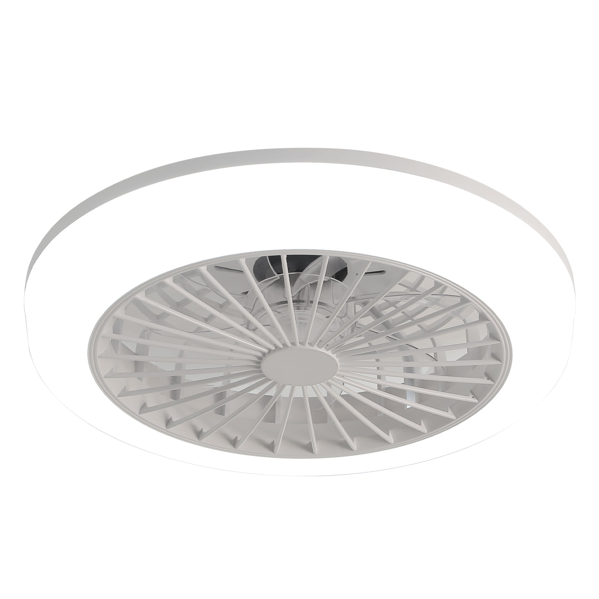 White flush mount ceiling fan with integrated LED light for modern homes