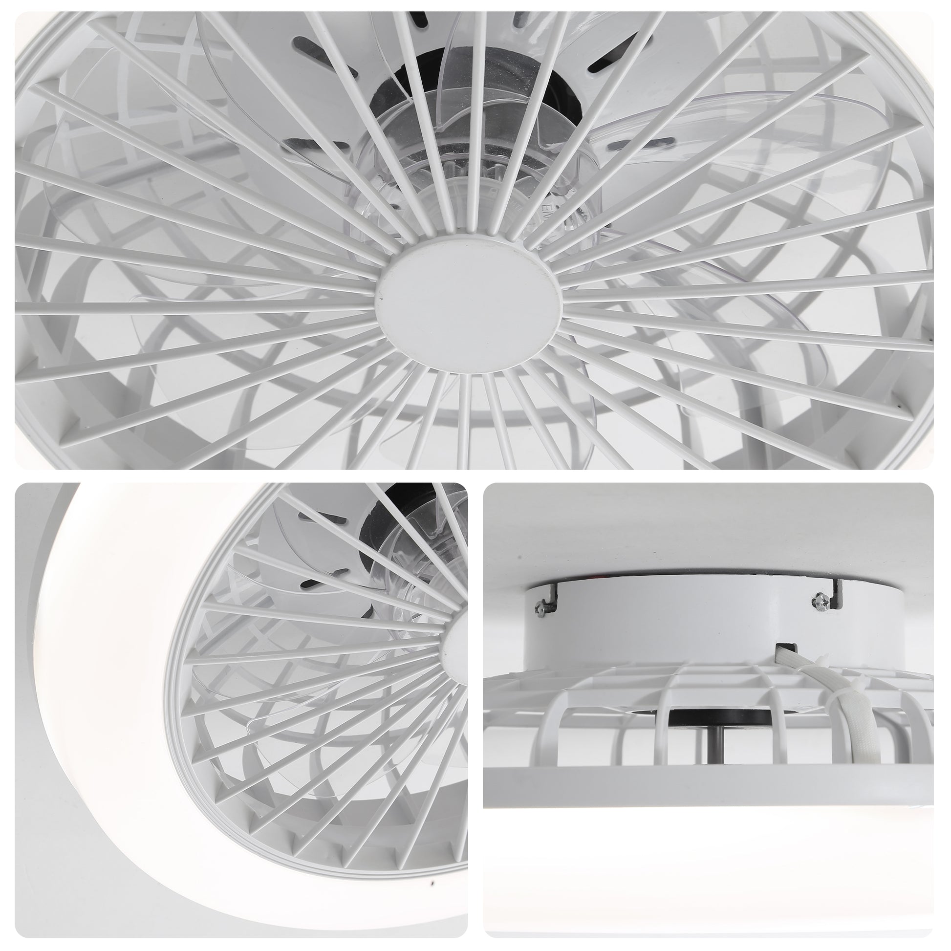 Closeup of a white modern ceiling fan with translucent blades and a decorative grate
