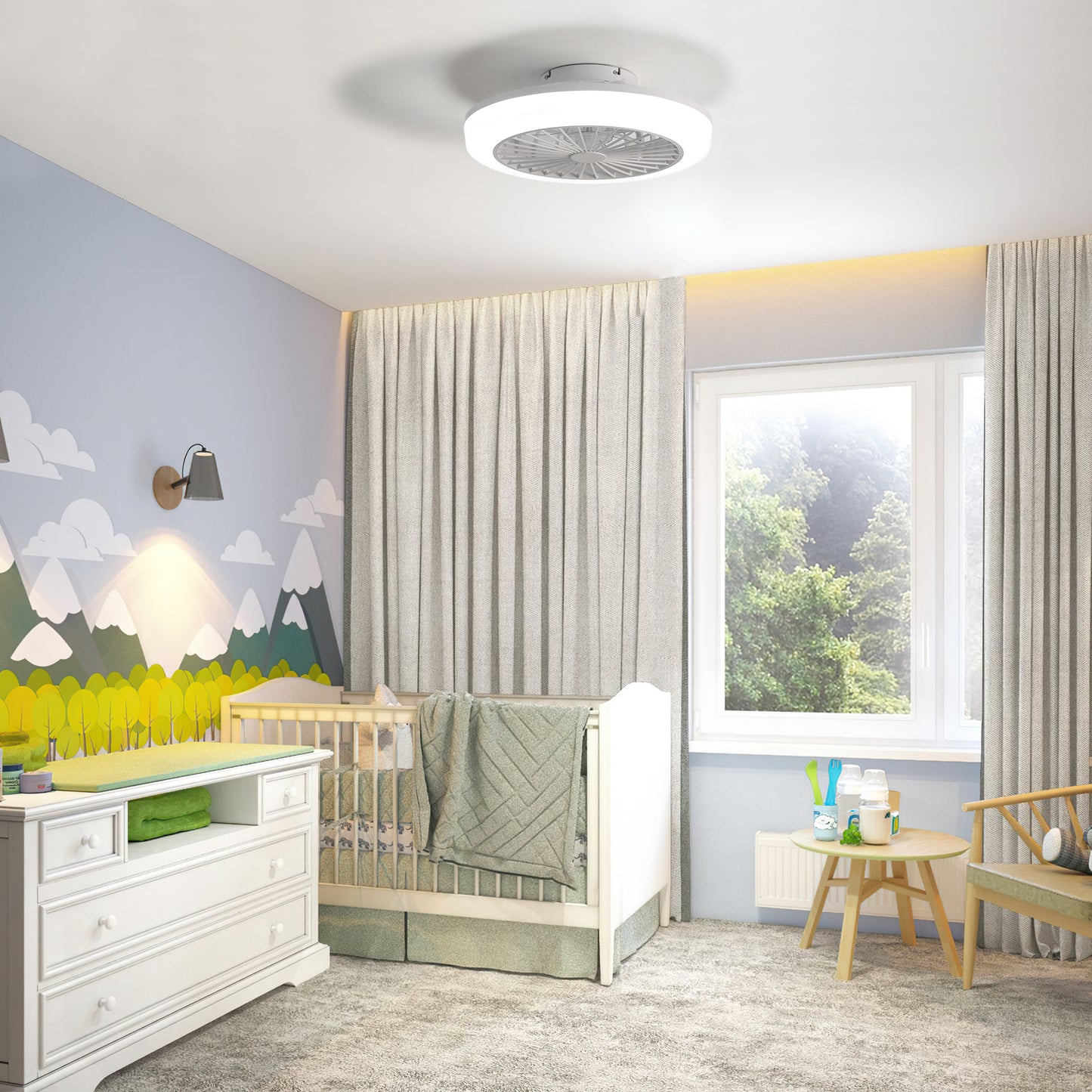 Modern flush mount ceiling fan with integrated LED light white finish and grey blades