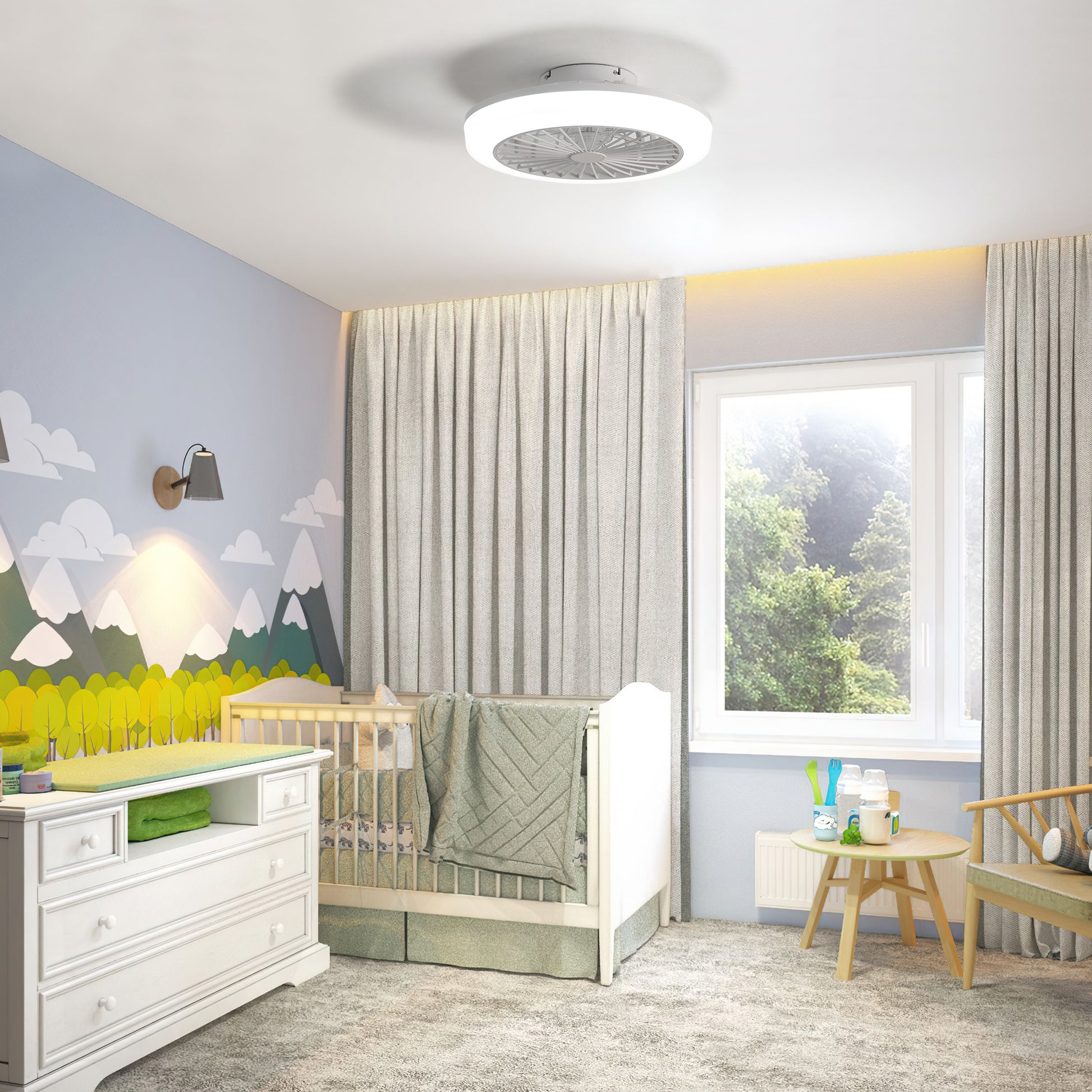 Modern flush mount ceiling fan with integrated LED light white finish and grey blades