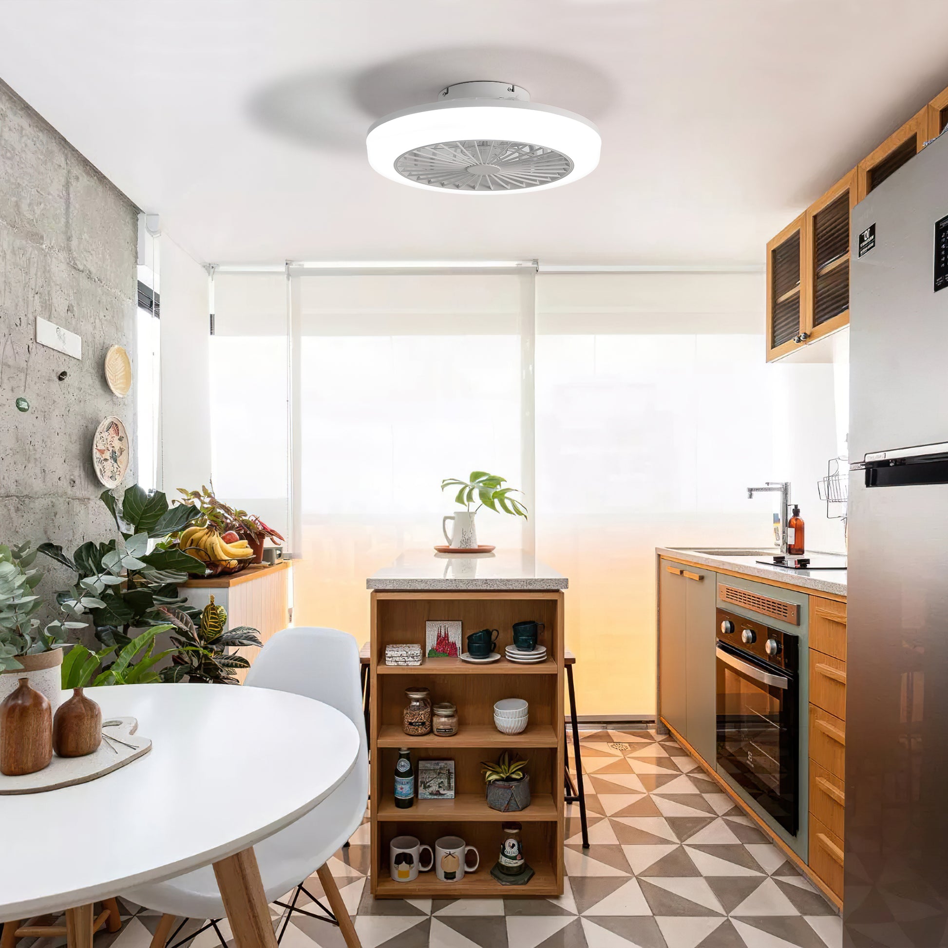 Modern white ceiling fan with integrated LED light ideal for small kitchen spaces