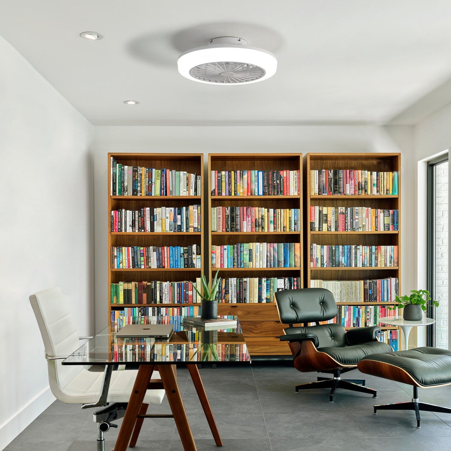 Modern white flush mount ceiling fan with integrated LED light providing adjustable airflow and illumination