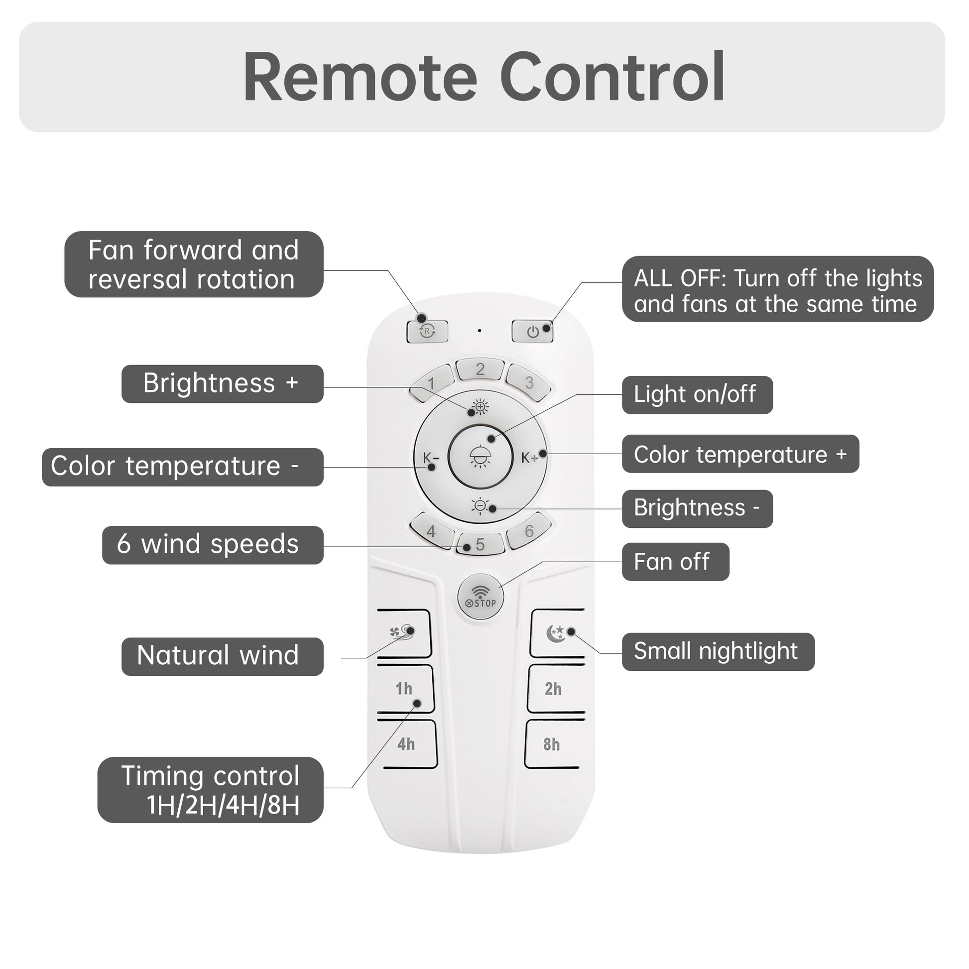 White remote control with buttons for fan speed and light settings
