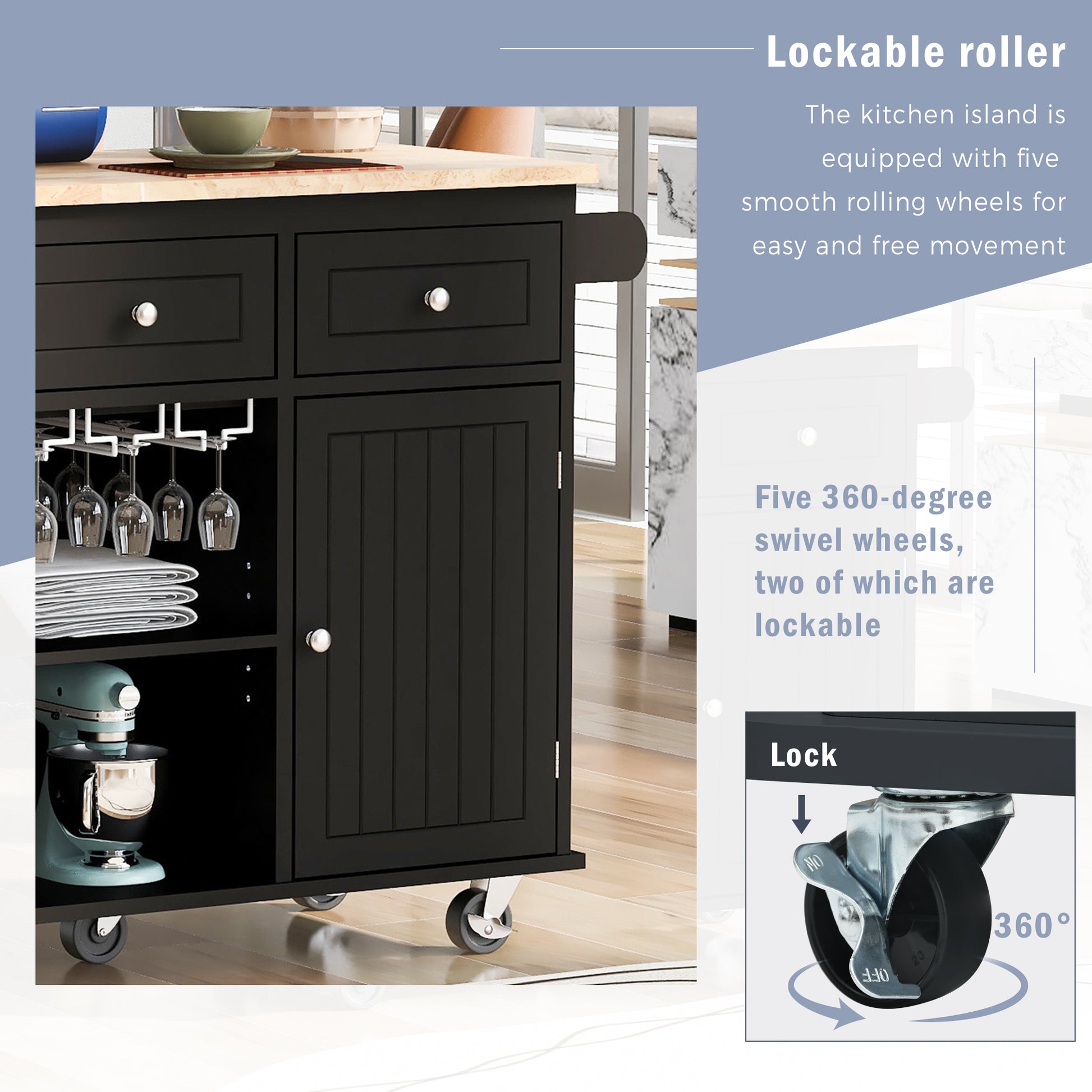 Black kitchen island with wooden countertop and lockable wheels