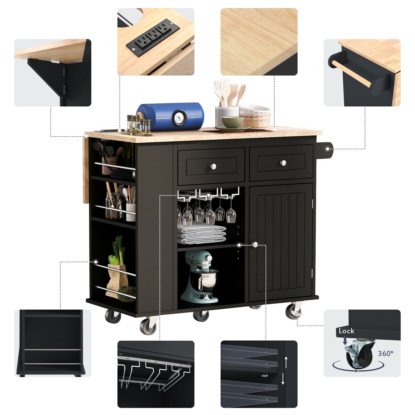Black kitchen island cart with wood top and multiple storage options