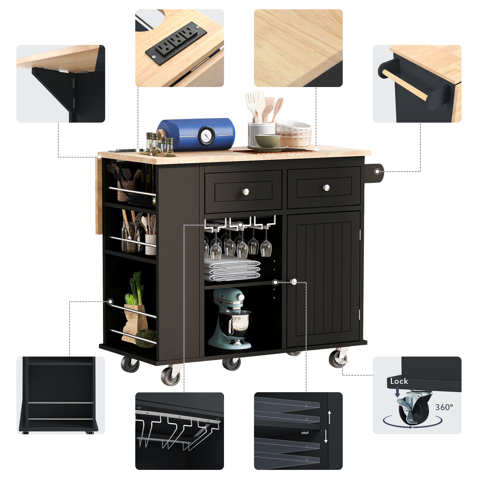 Black kitchen island cart with wood top and multiple storage options