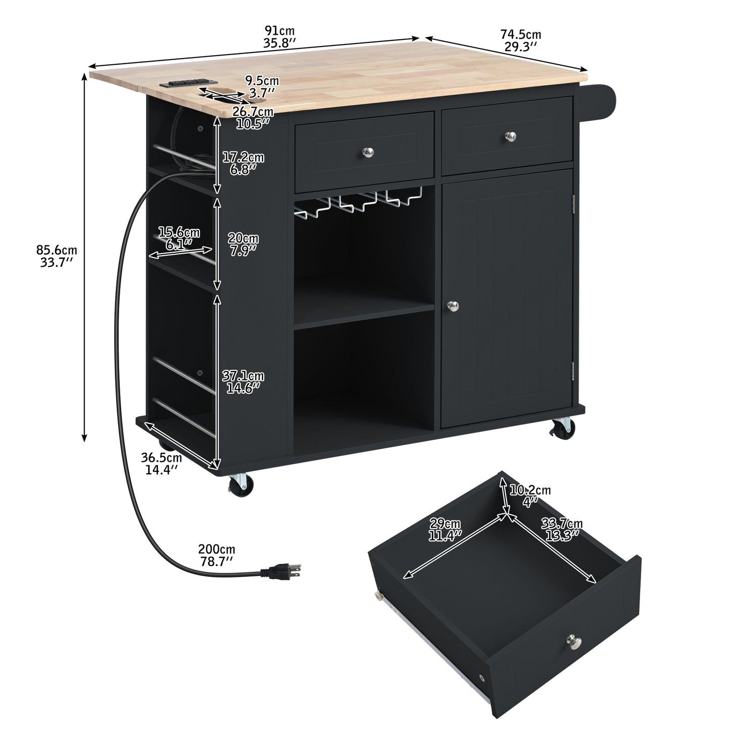 Dark gray kitchen island cart with butcher block top and builtin power outlet