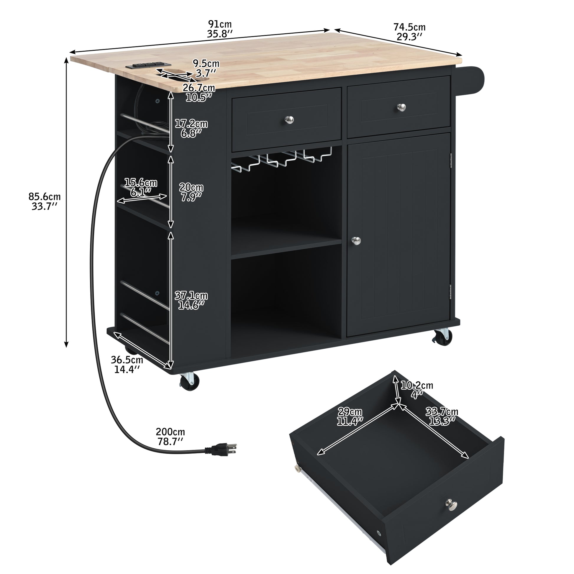 Dark gray kitchen island cart with butcher block top and builtin power outlet