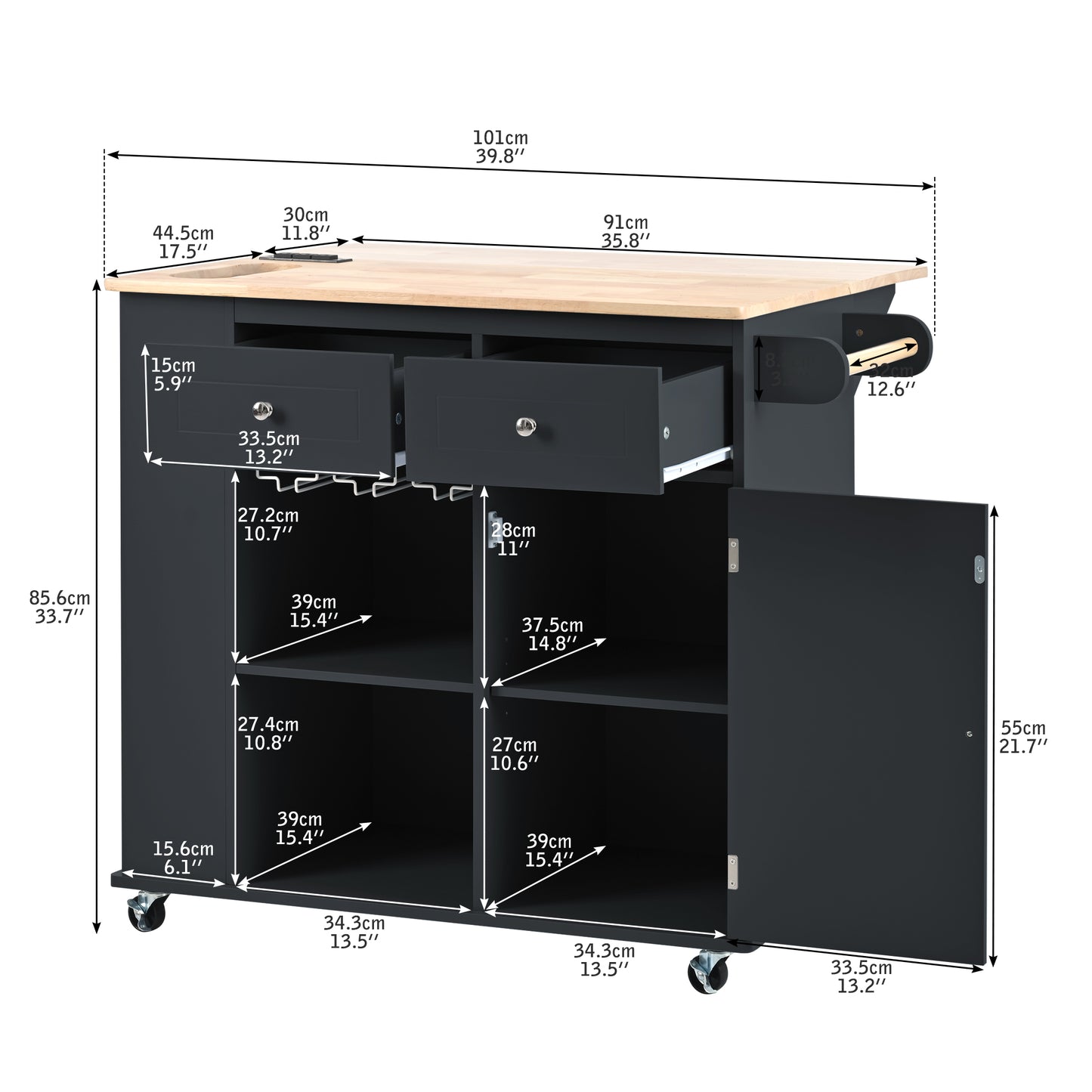 Dark gray kitchen island with oak top two drawers stemware rack and open shelves