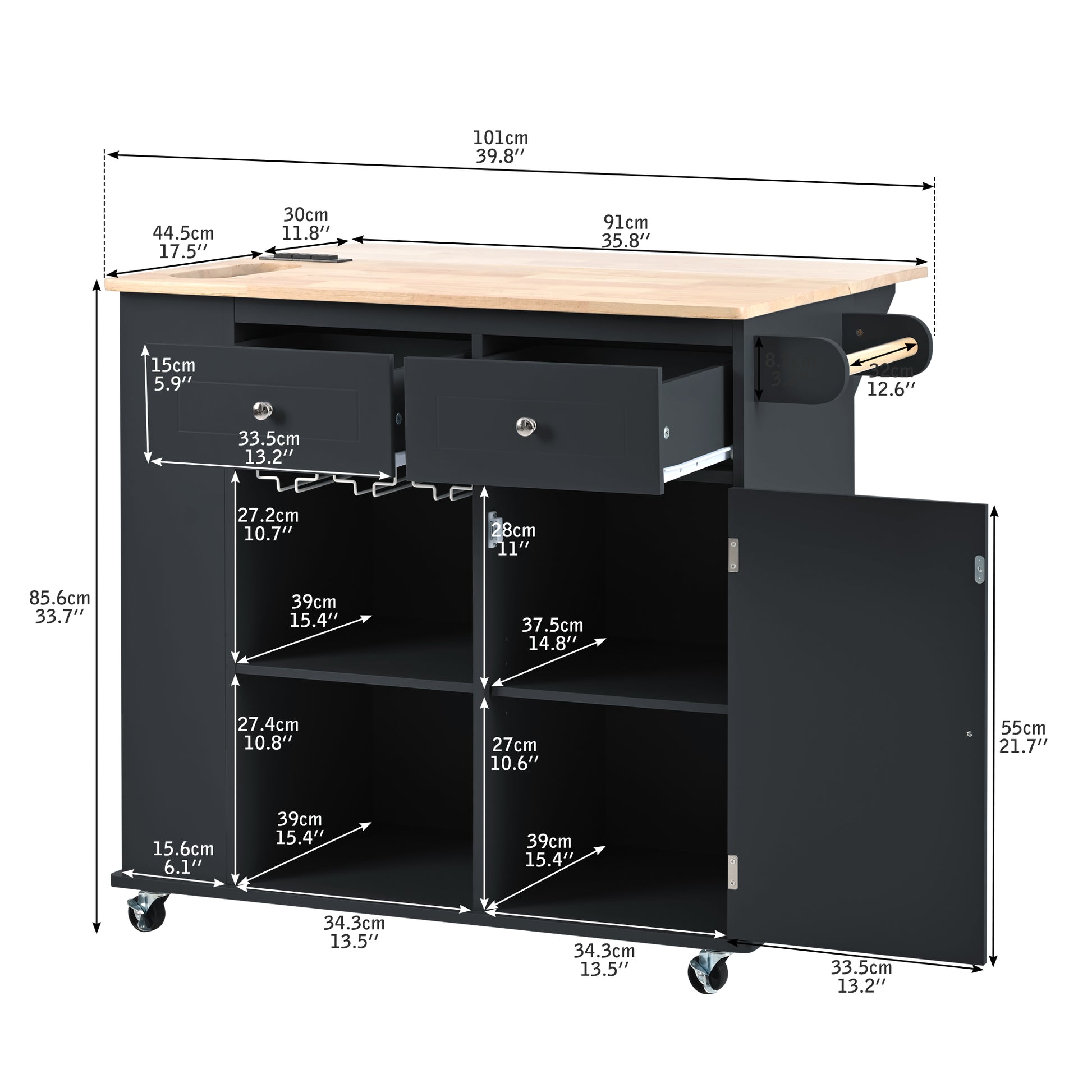 Dark gray kitchen island with oak top two drawers stemware rack and open shelves
