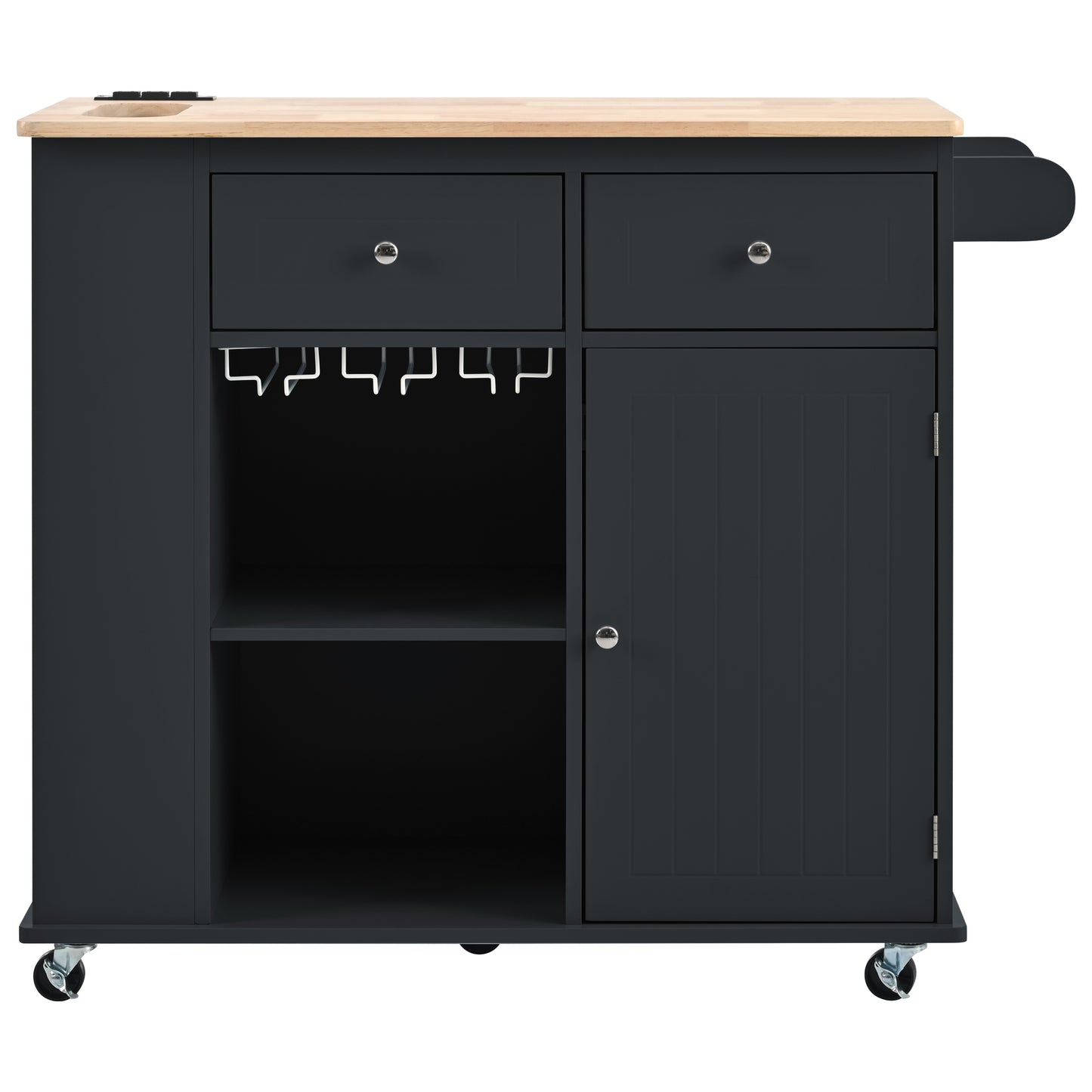 Dark gray kitchen island cart with butcher block top and wine glass rack