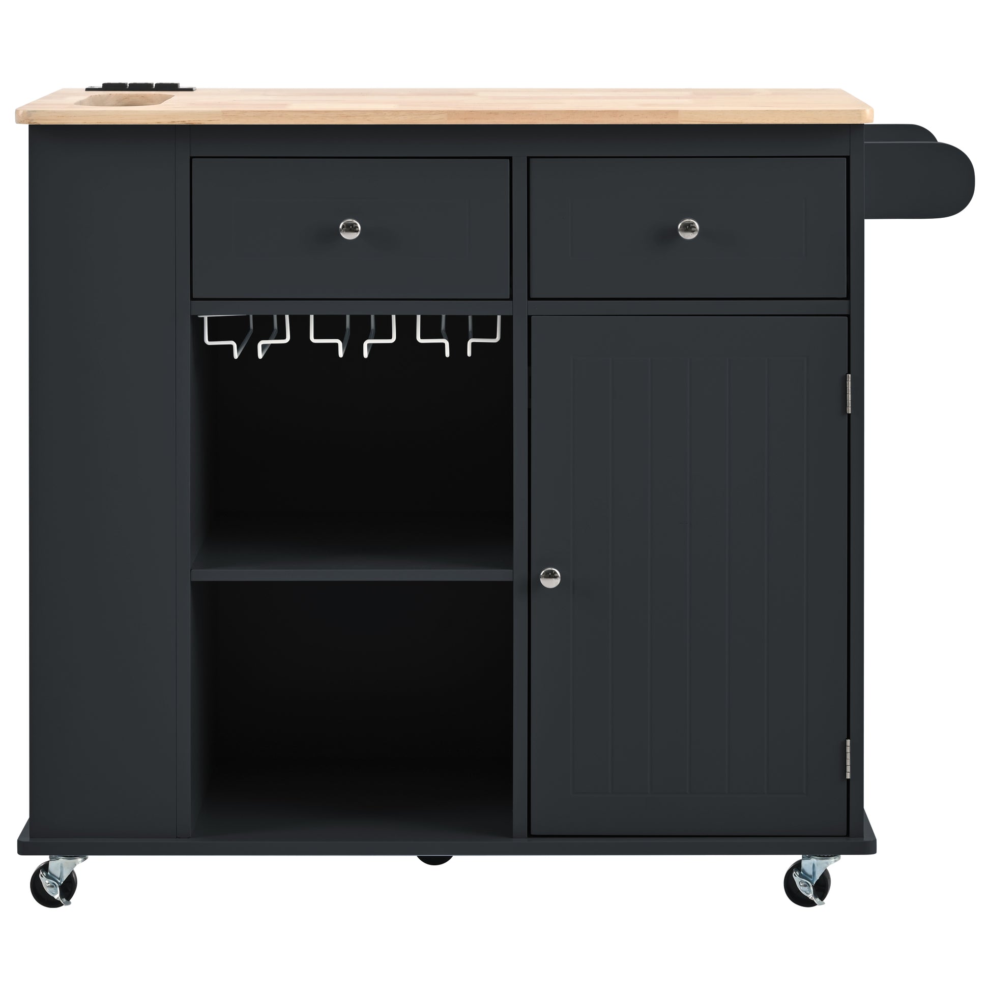 Dark gray kitchen island cart with butcher block top and wine glass rack