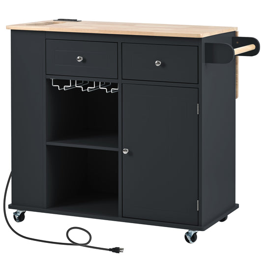 Dark gray kitchen island with wooden countertop two drawers wine rack cabinet and casters