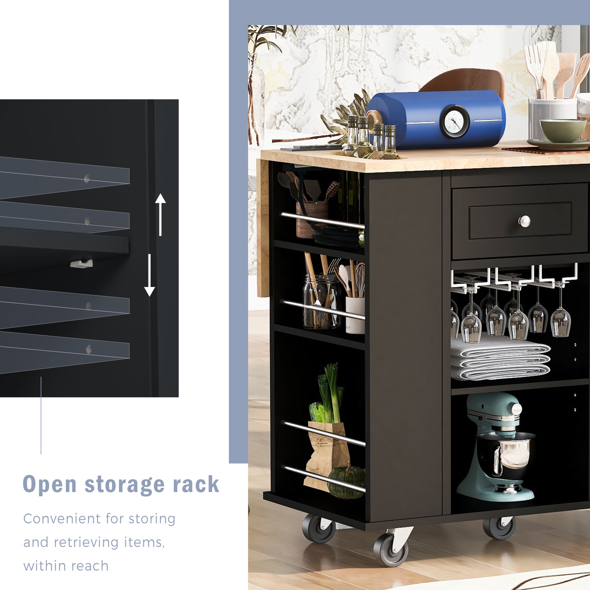 Black kitchen cart with expandable butcher block top and wine glass rack