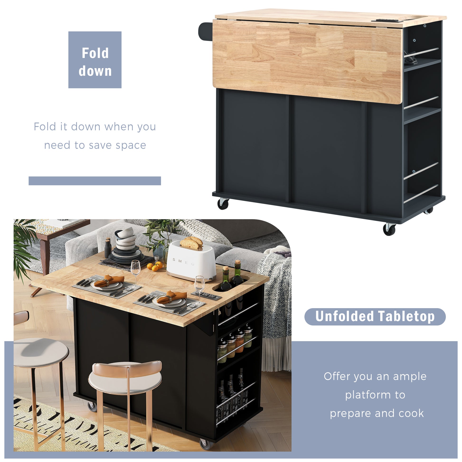 Dark gray kitchen island cart with drop leaf tabletop extended for dining