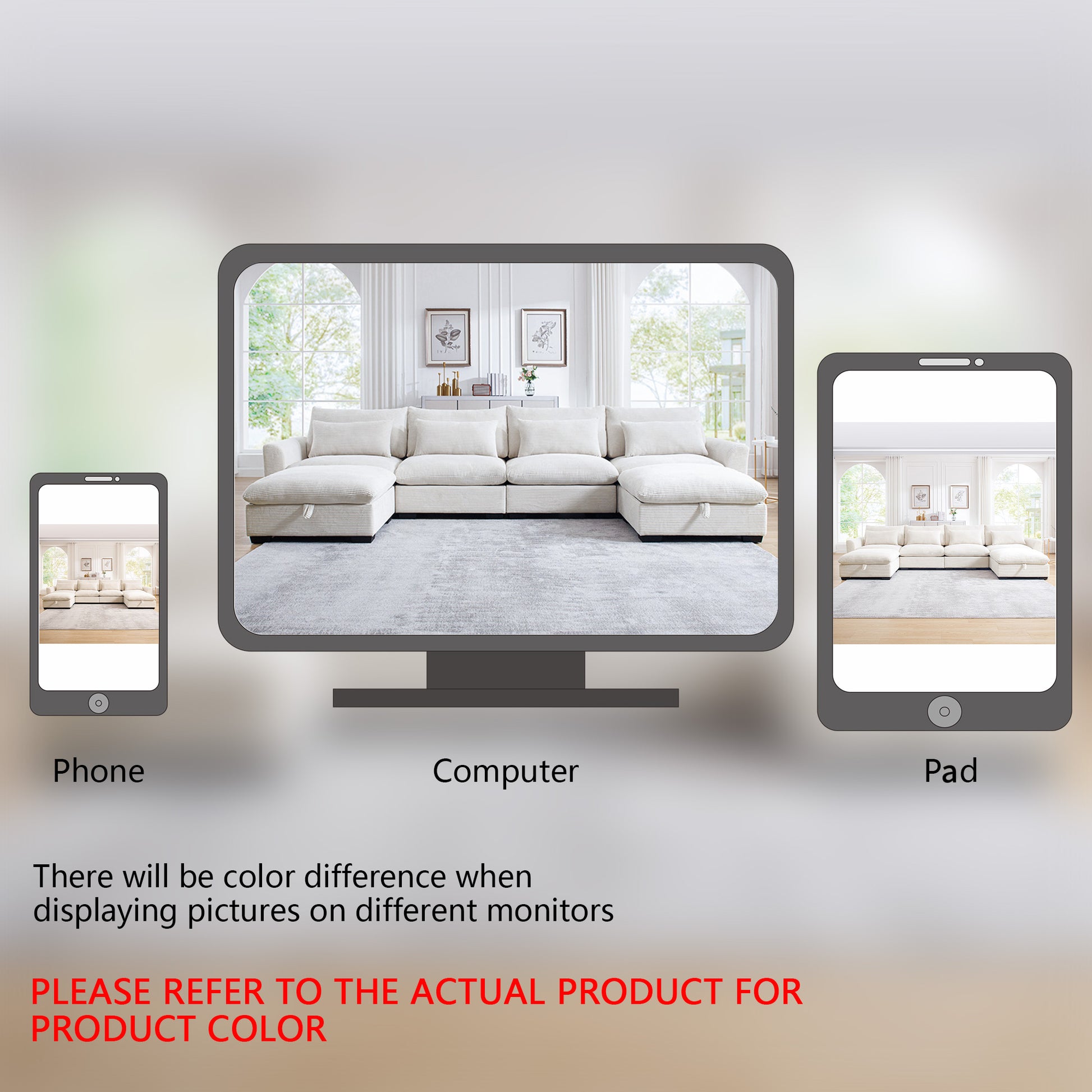 Cream modular sectional sofa on a light gray rug shown on a computer screen