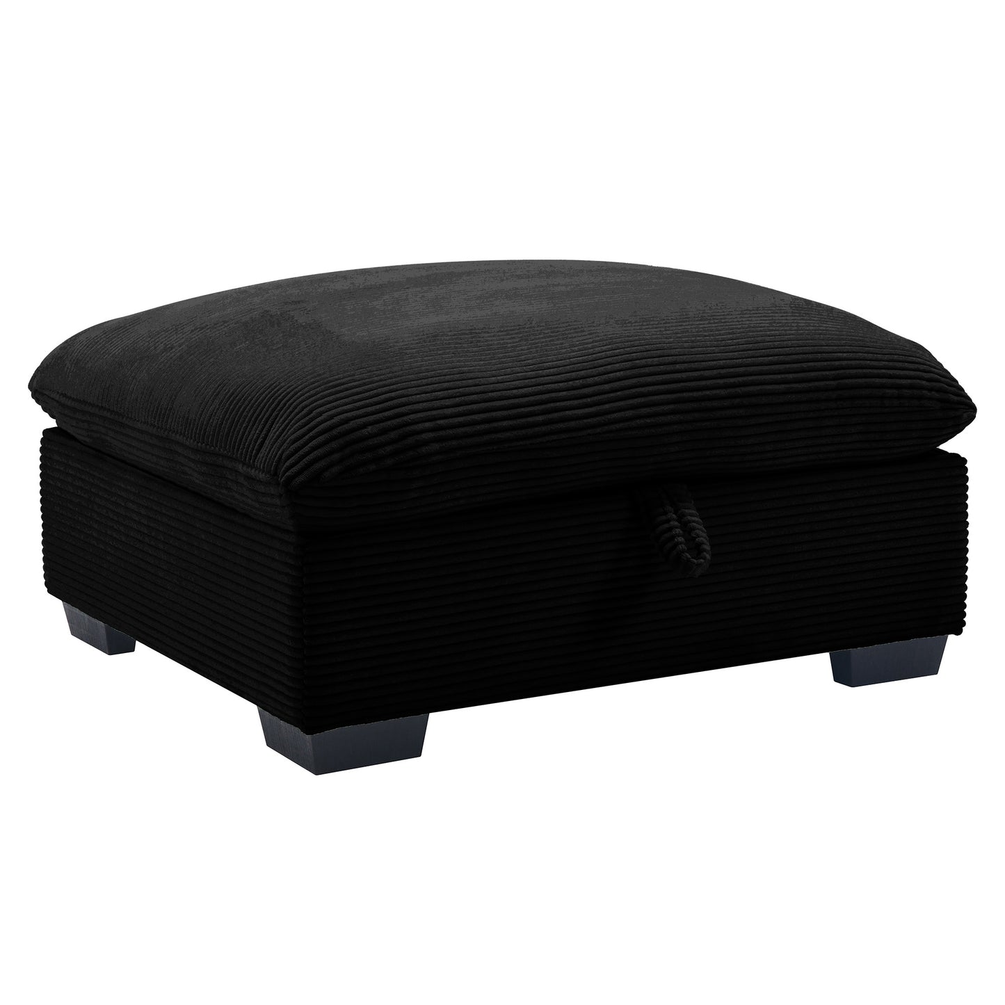 Black corduroy storage ottoman with dark wooden feet and decorative rope pull