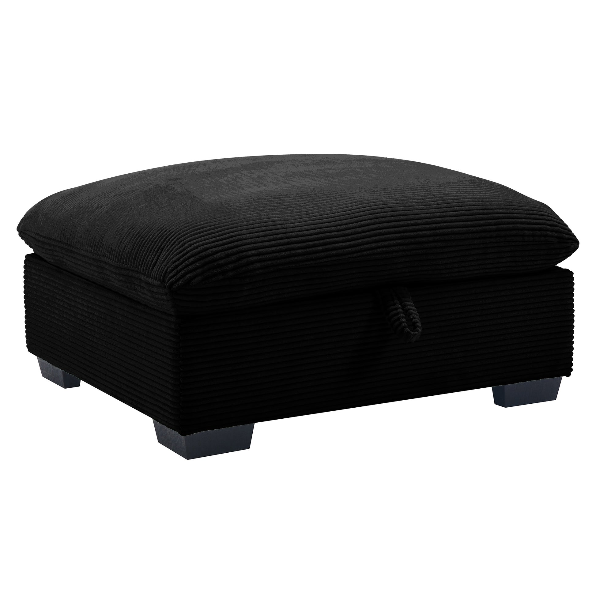 Black corduroy storage ottoman with dark wooden feet and decorative rope pull