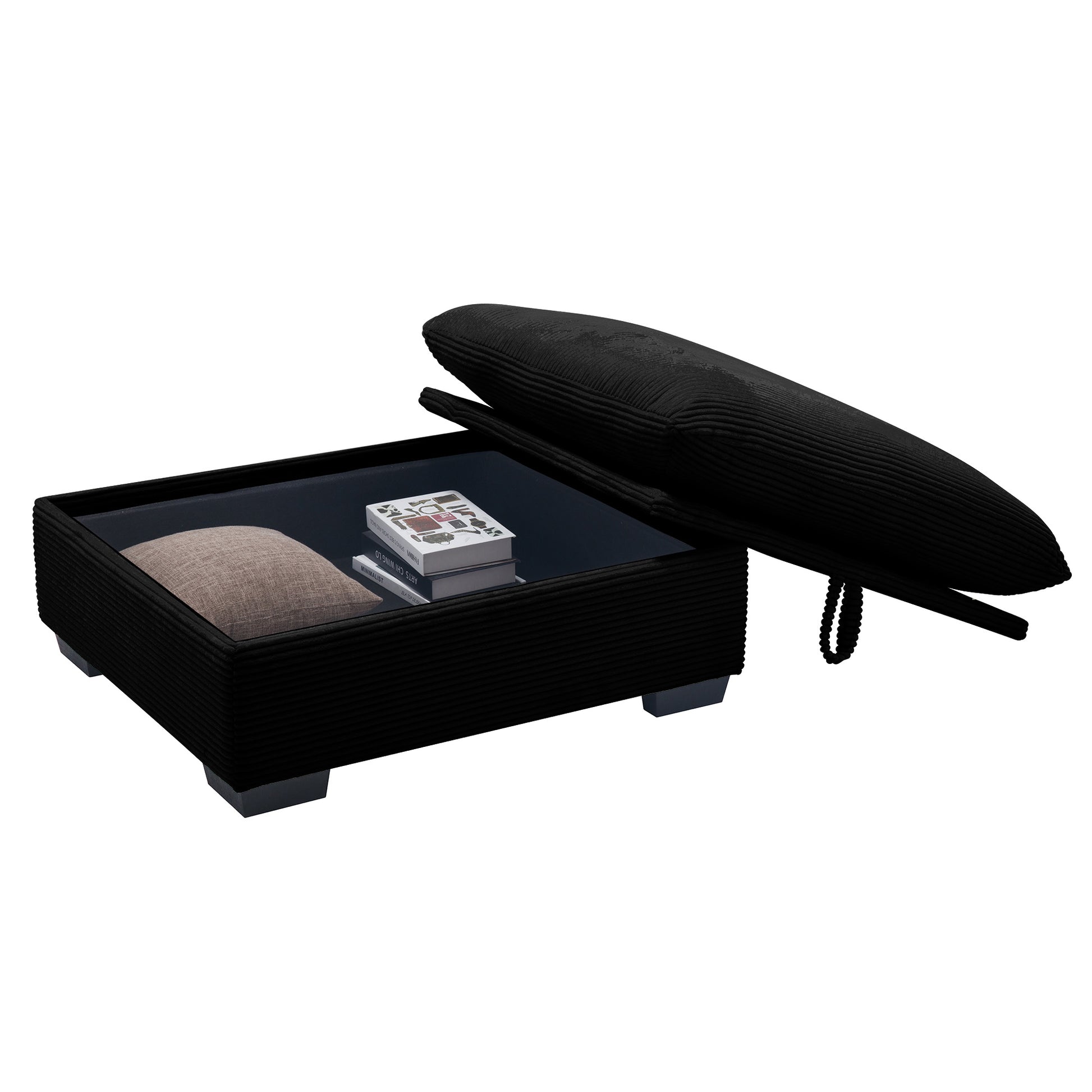 Black corduroy storage ottoman with lifttop and integrated coffee table surface