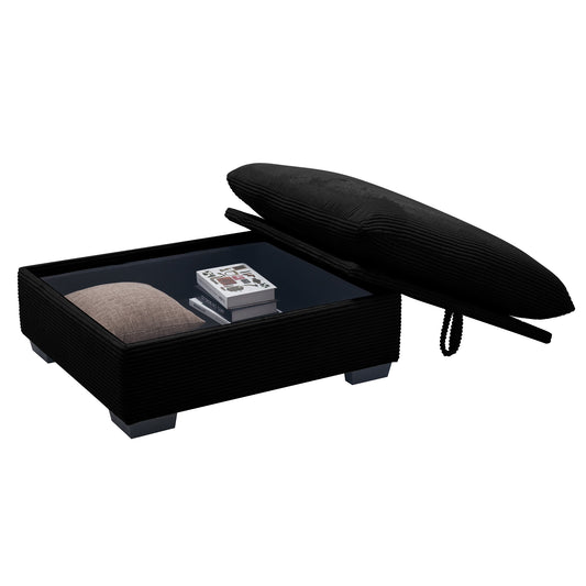 Black corduroy storage ottoman with lifttop and integrated coffee table surface