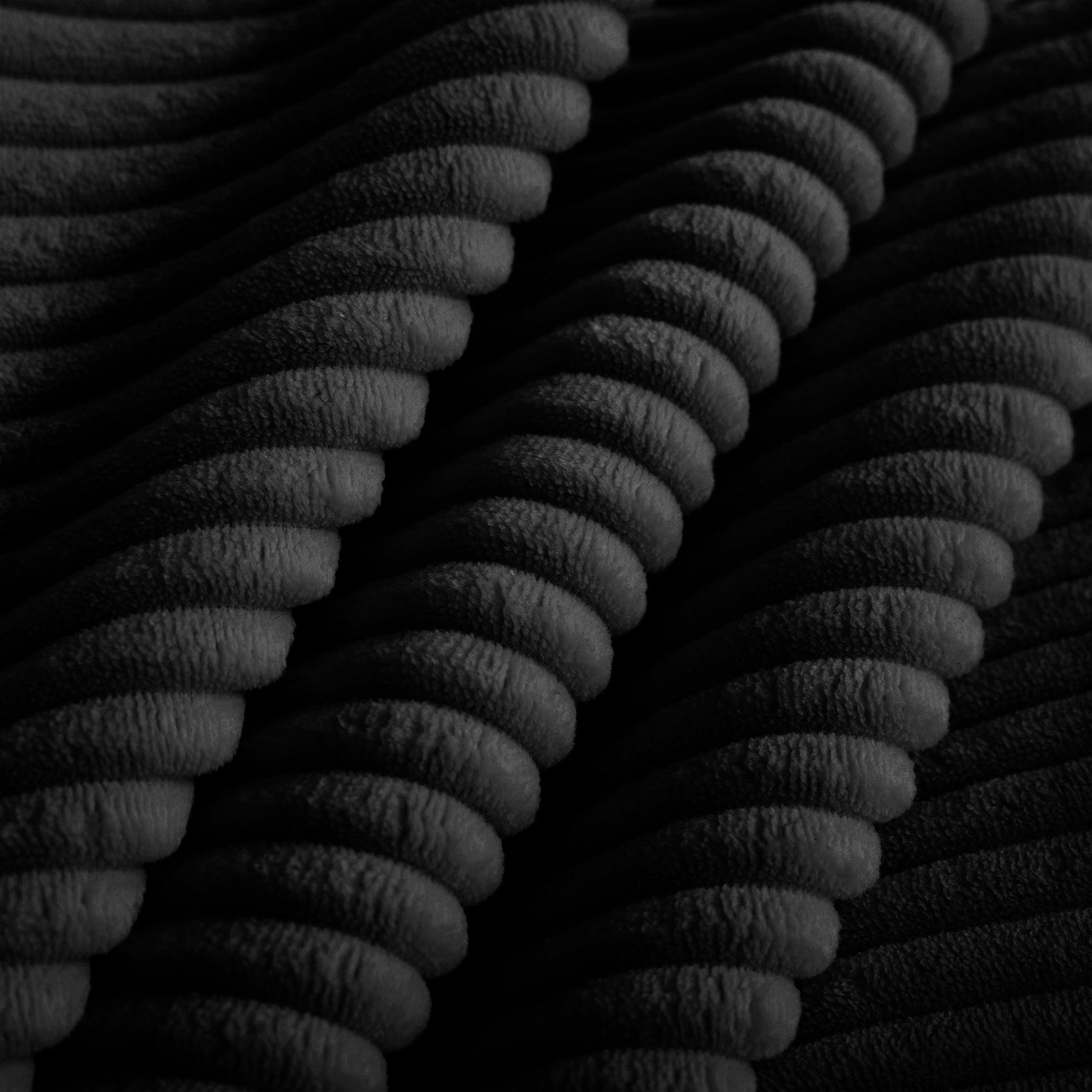 Closeup of plush black corduroy fabric texture with raised ridges