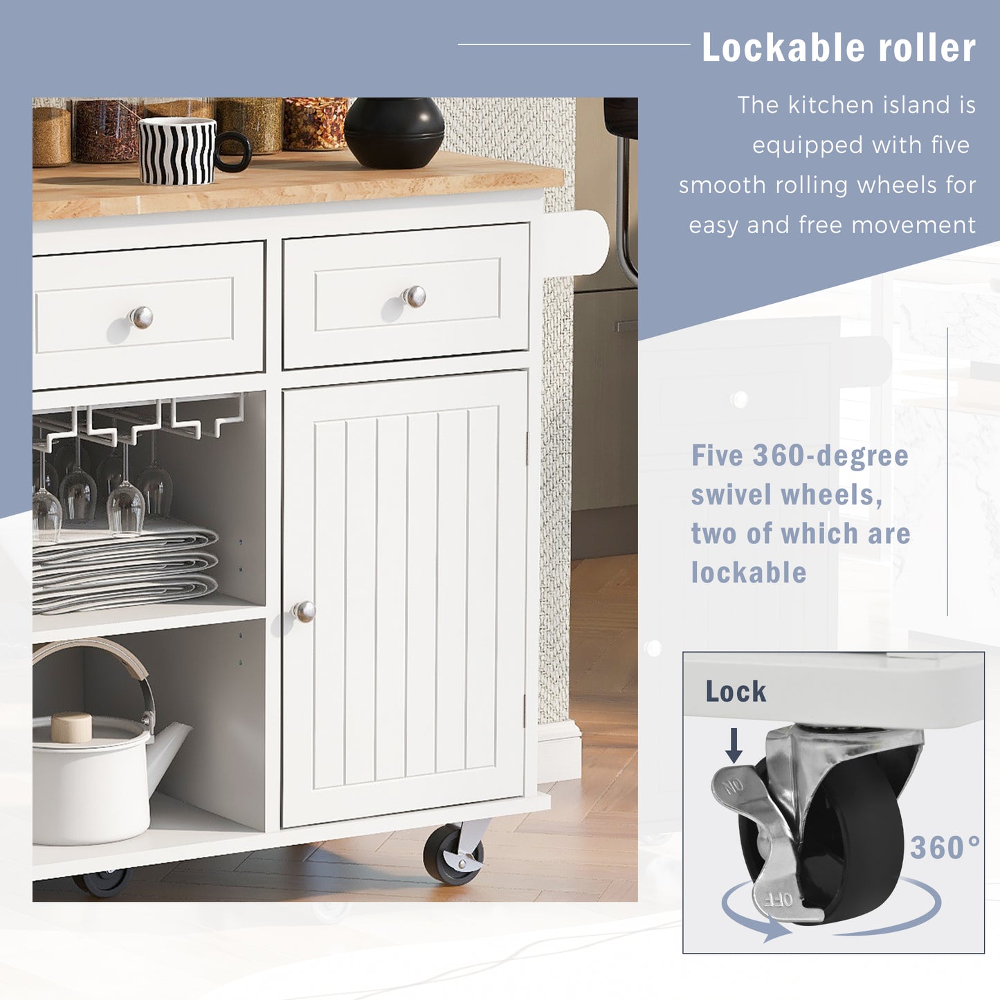 White kitchen island cart with lockable roller wheels