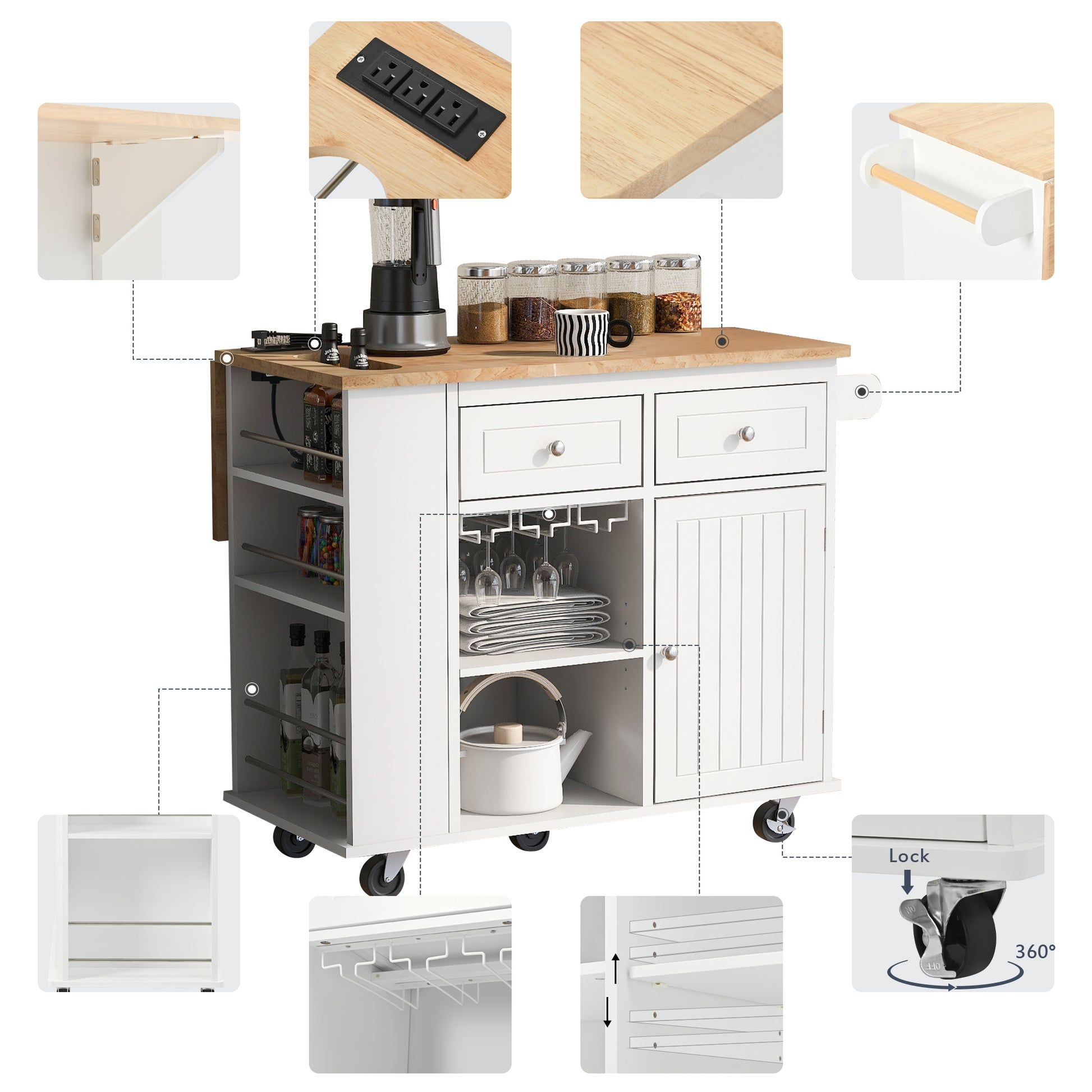 White kitchen island with wooden countertop and integrated power outlet