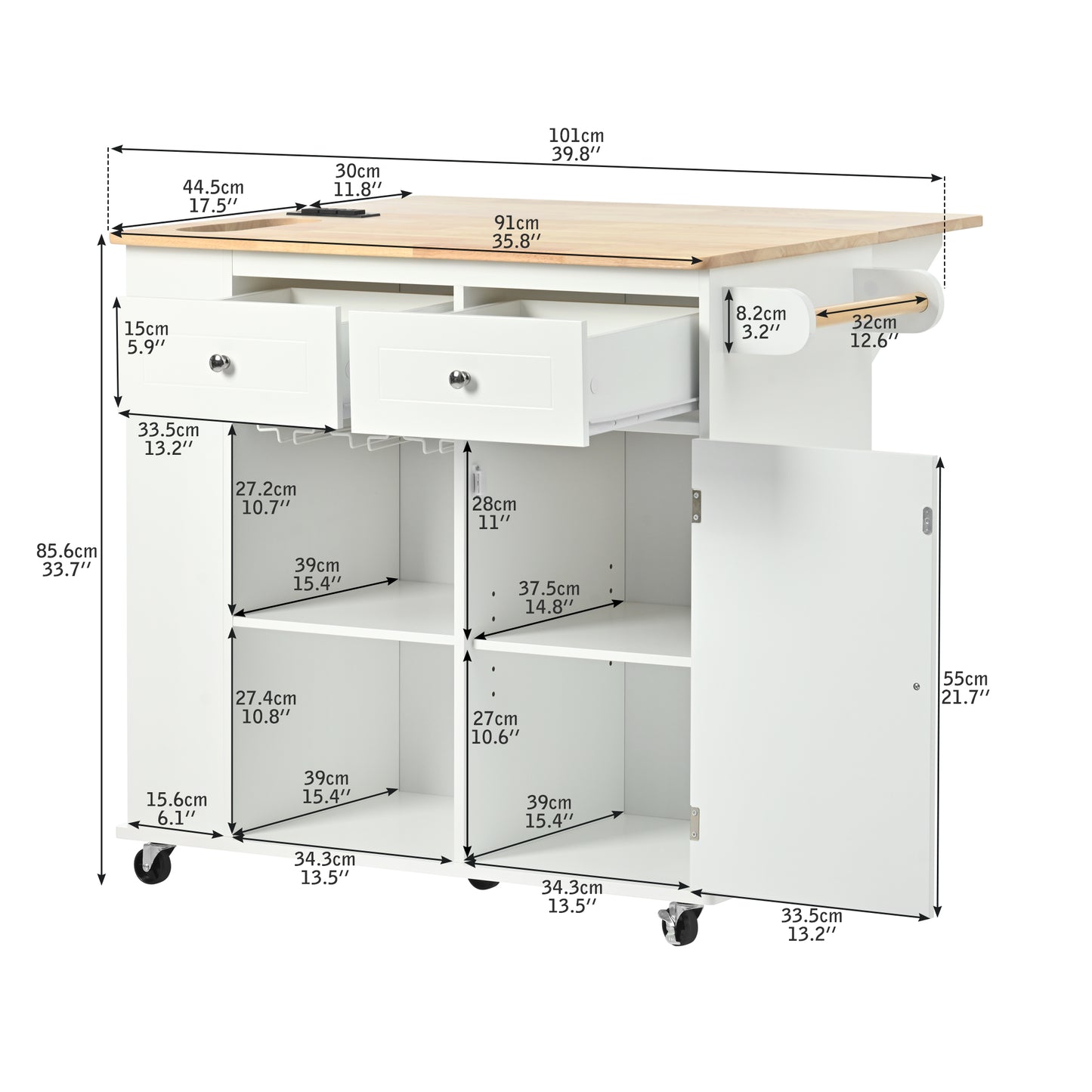 White kitchen cart with wooden countertop and open drawers