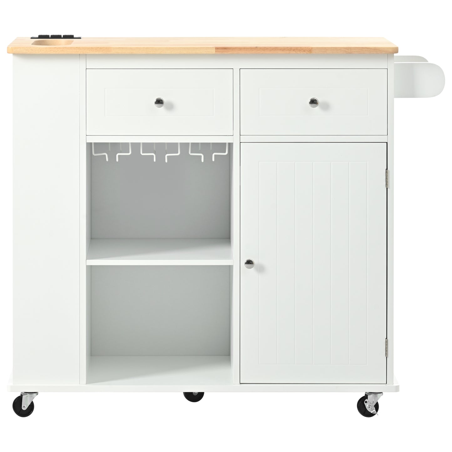 White kitchen island cart with butcher block top and wine glass rack