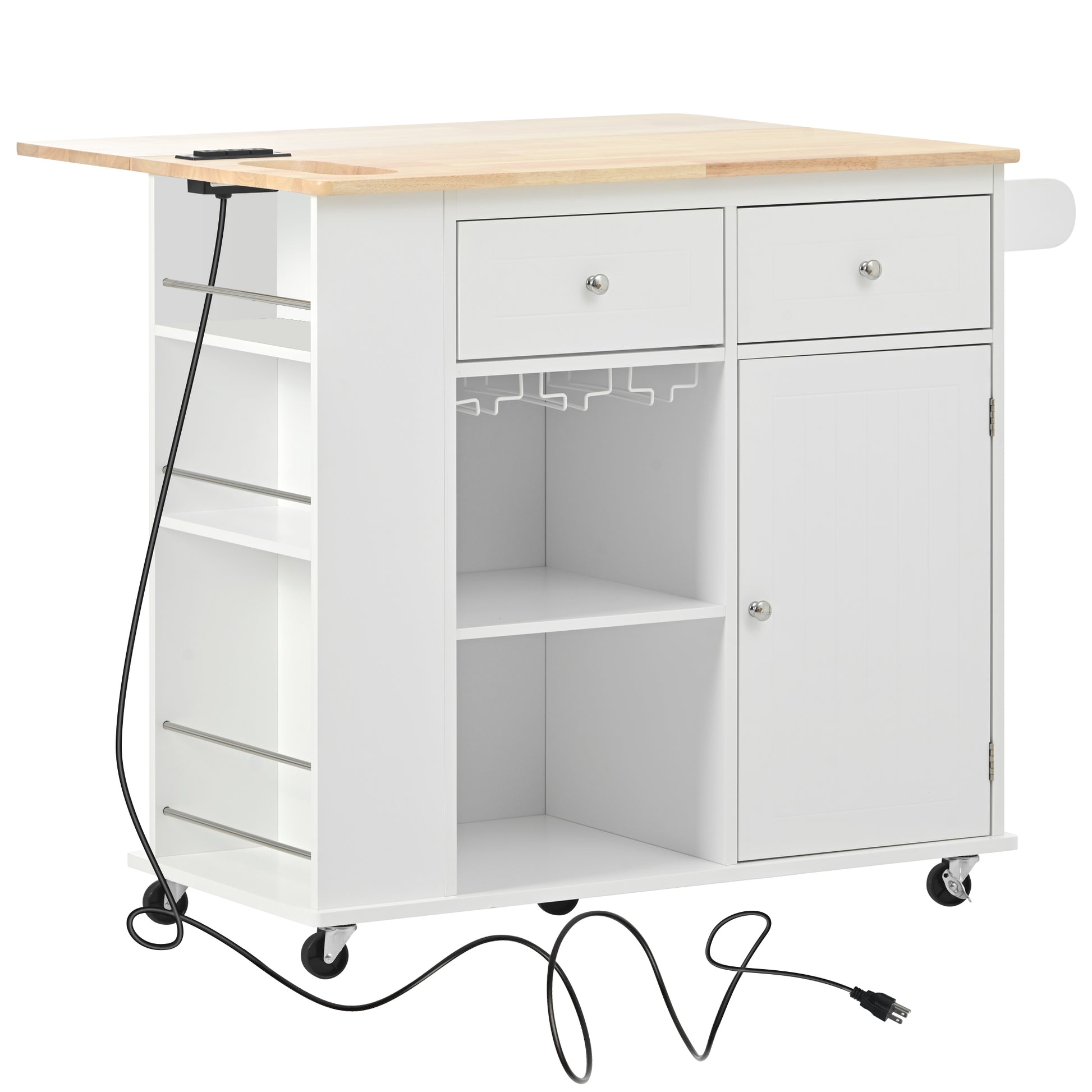 White kitchen island cart with butcher block top and integrated power outlet