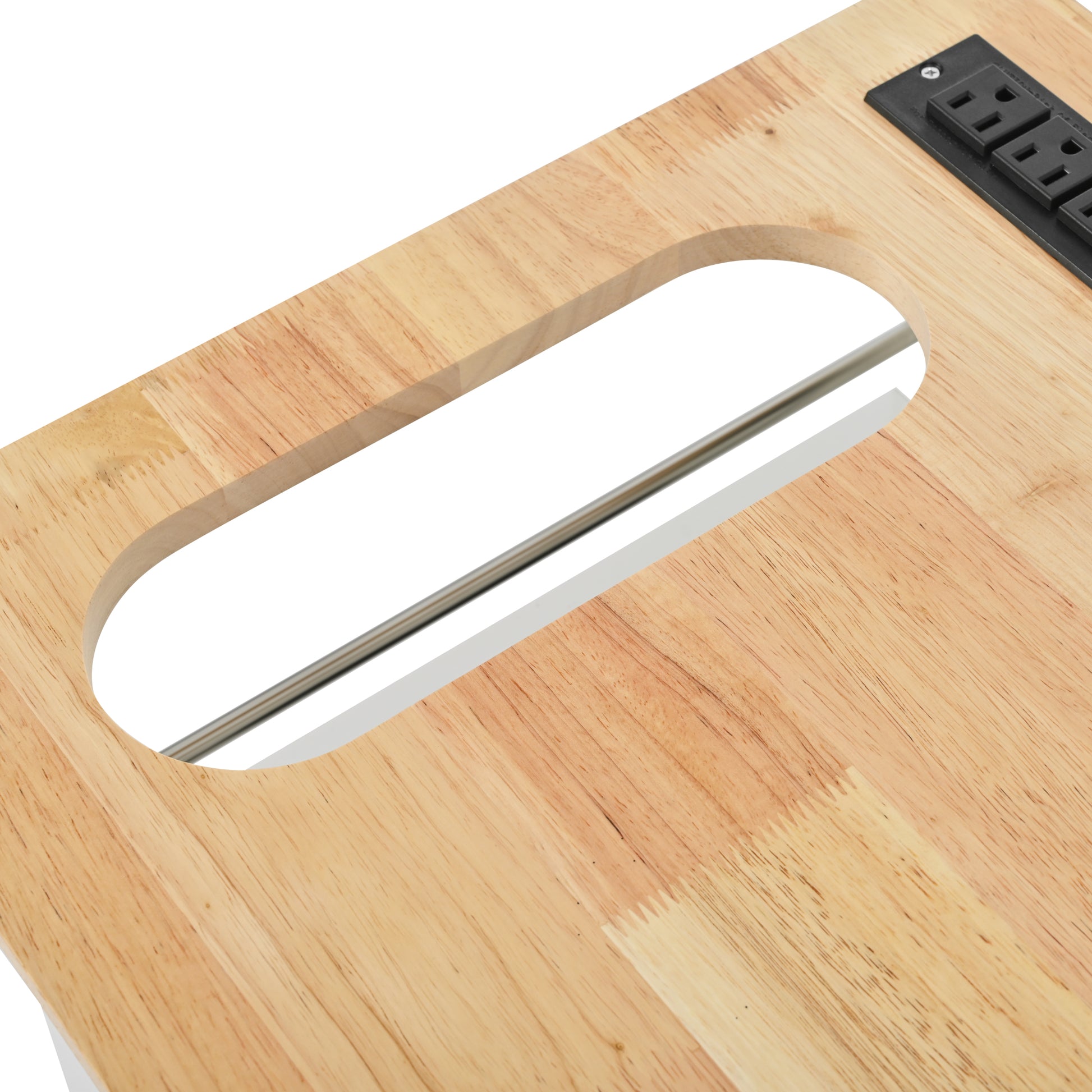 Natural wood desk surface with integrated power strip and cutout