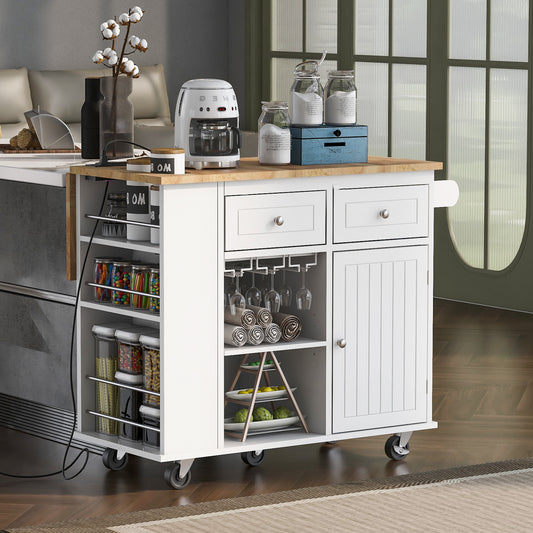 White kitchen island cart with wooden top drawers and cabinet for convenient storage