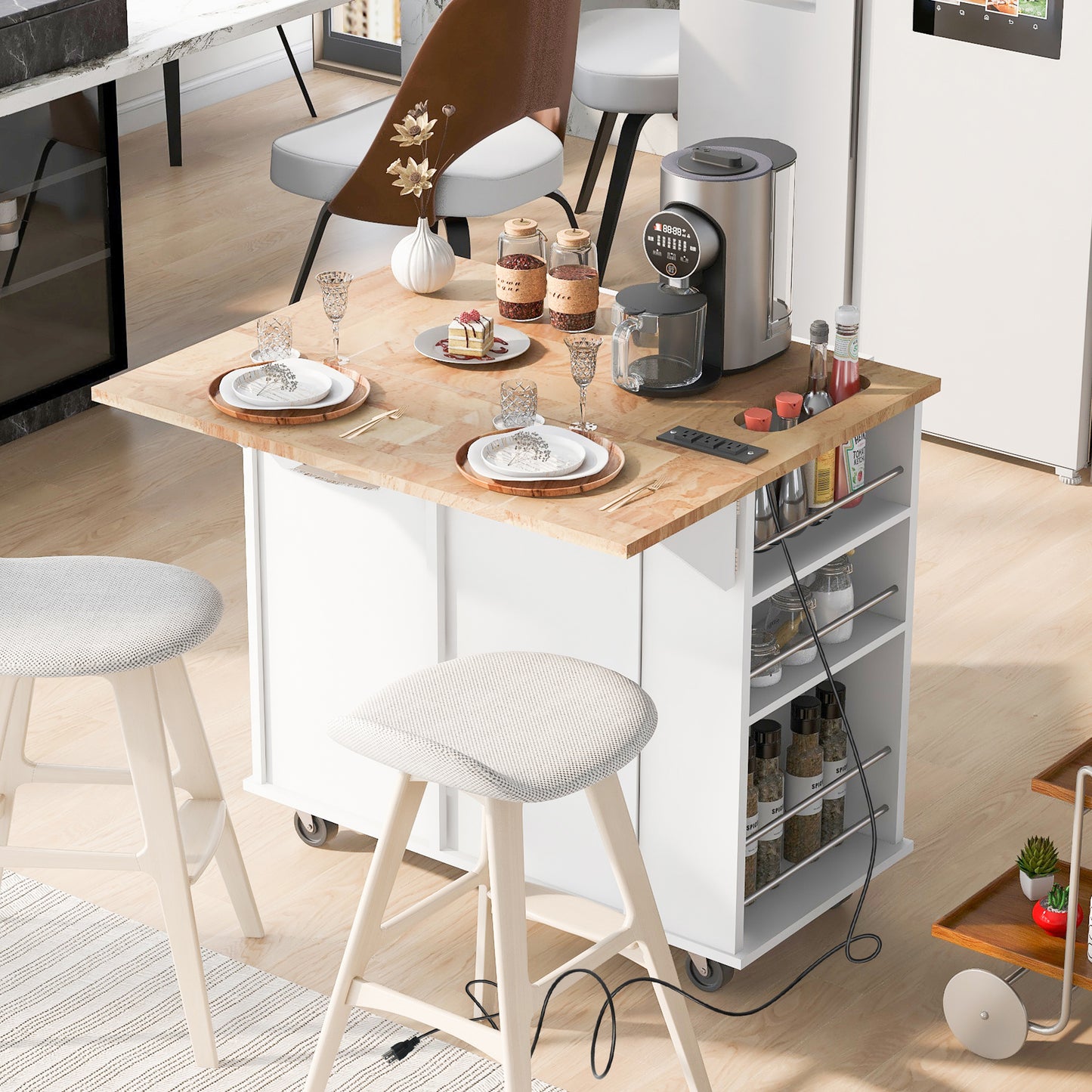 Rolling kitchen island cart with white cabinets and wooden countertop